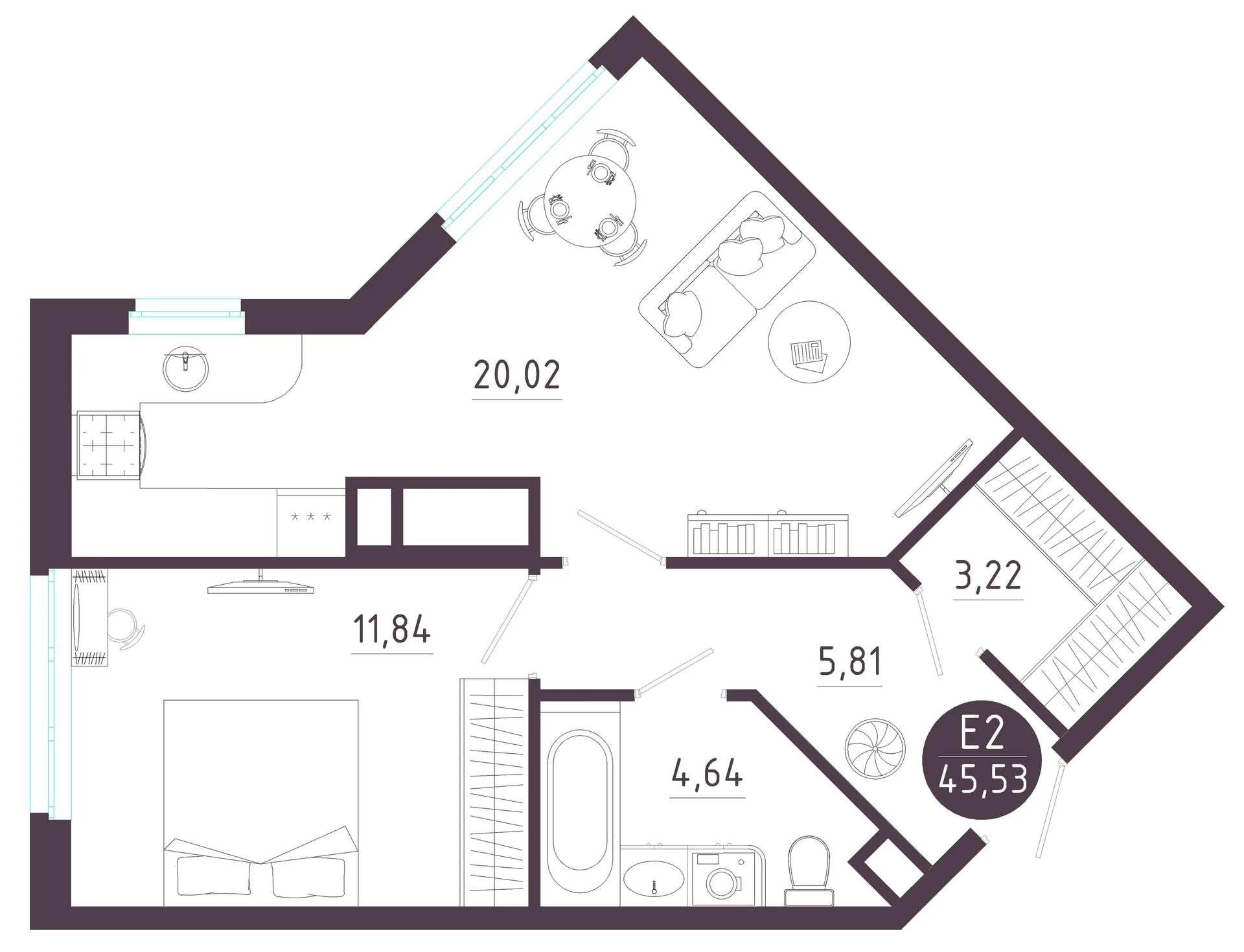 Планировка Квартира с одной спальней и гостиной 20 м² (Евро-2)