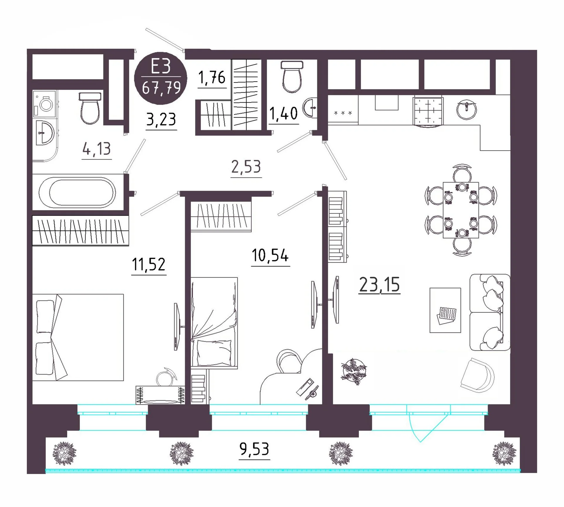 Планировка Квартира с двумя спальнями и гостиной 23 м² (Евро-3)