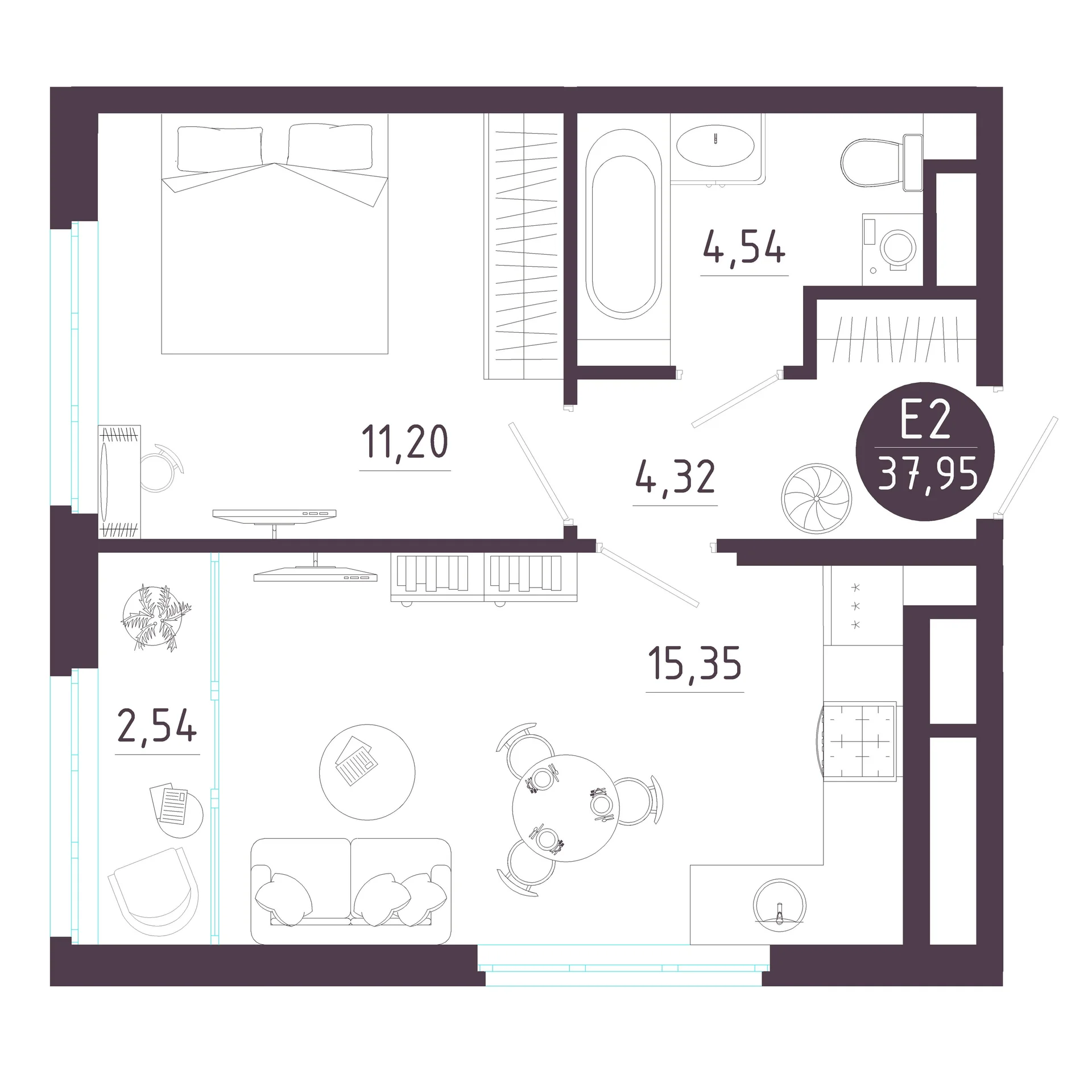 Планировка Квартира с одной спальней и гостиной 18 м² (Евро-2)