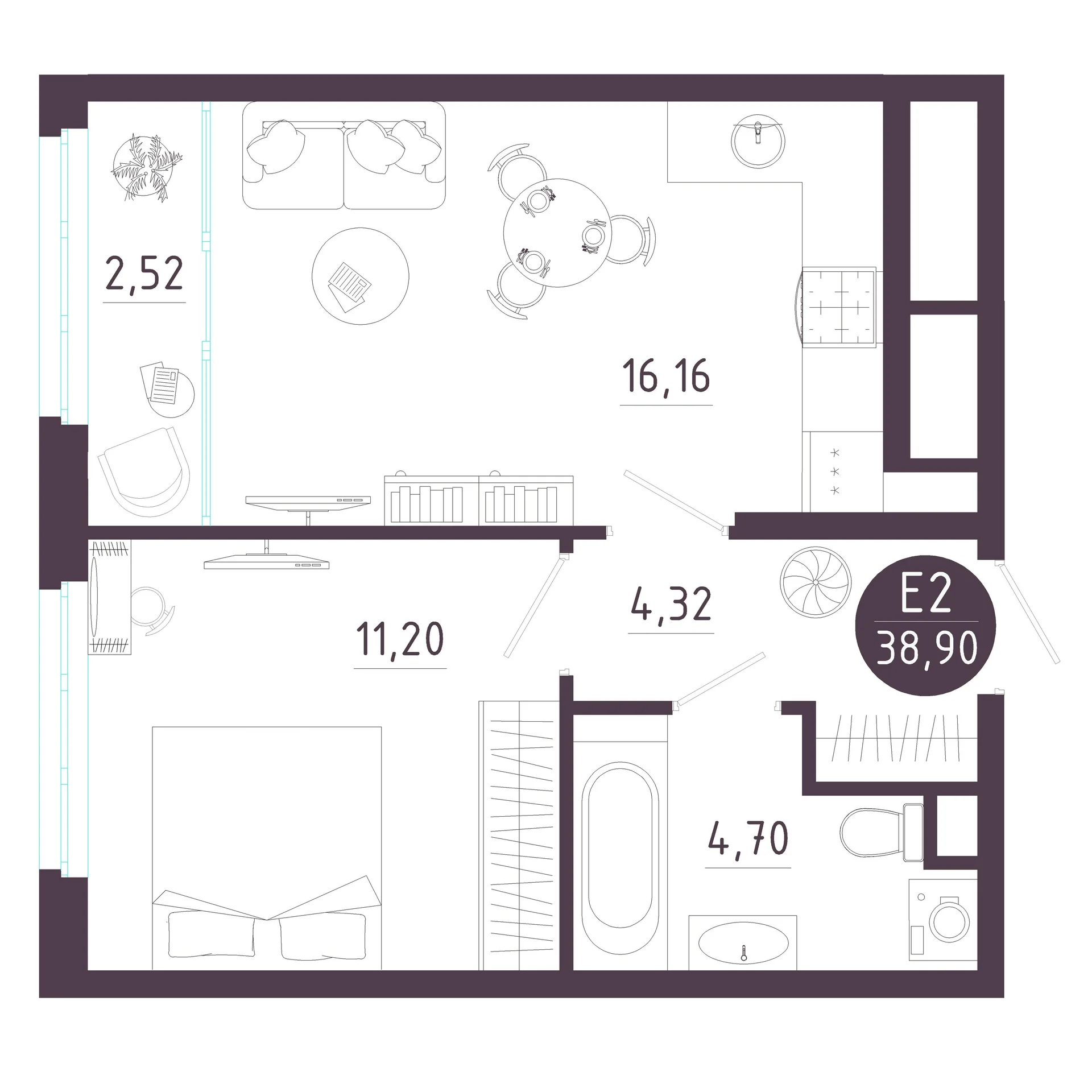 Планировка Квартира с одной спальней и гостиной 19 м² (Евро-2)
