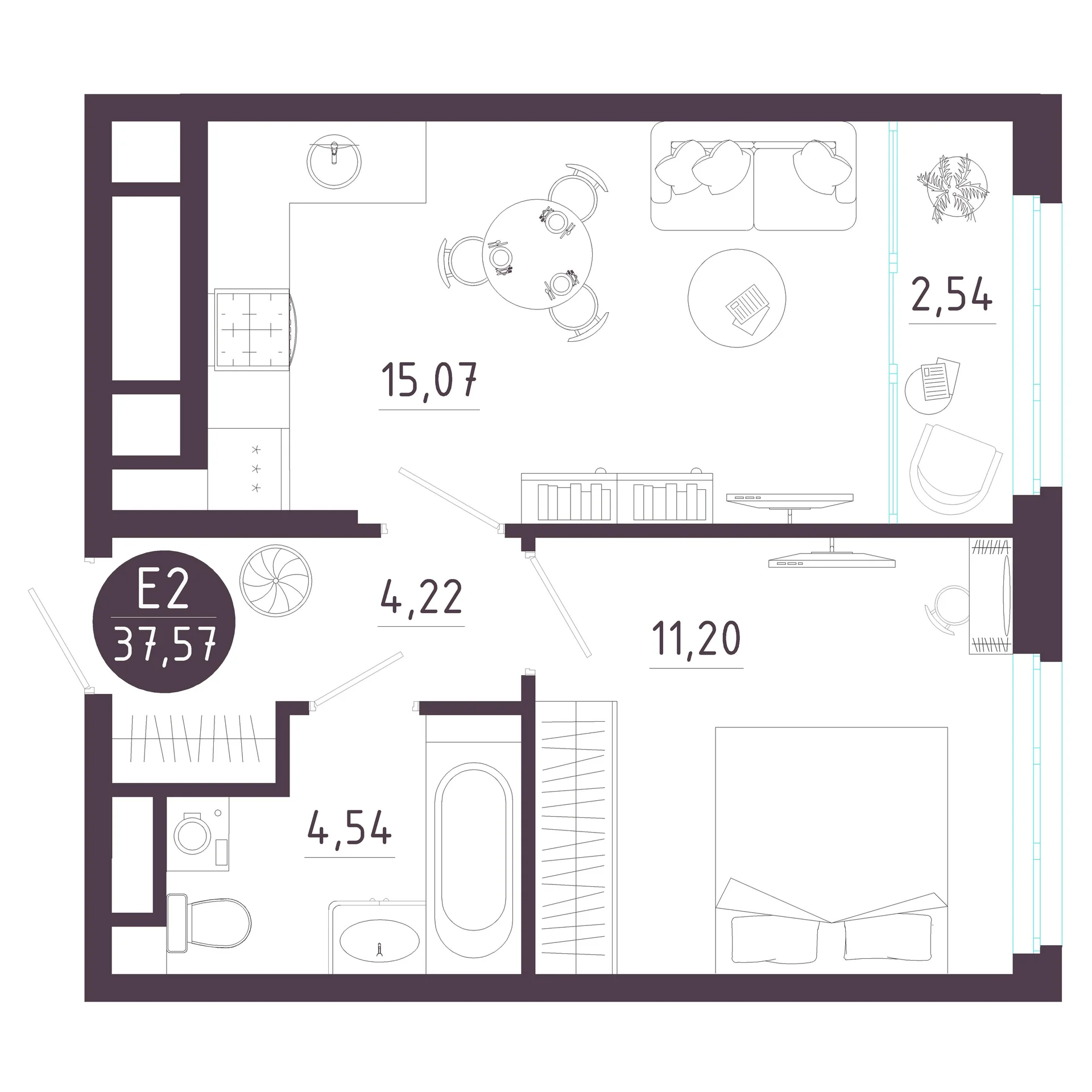 Планировка Квартира с одной спальней и гостиной 18 м² (Евро-2)