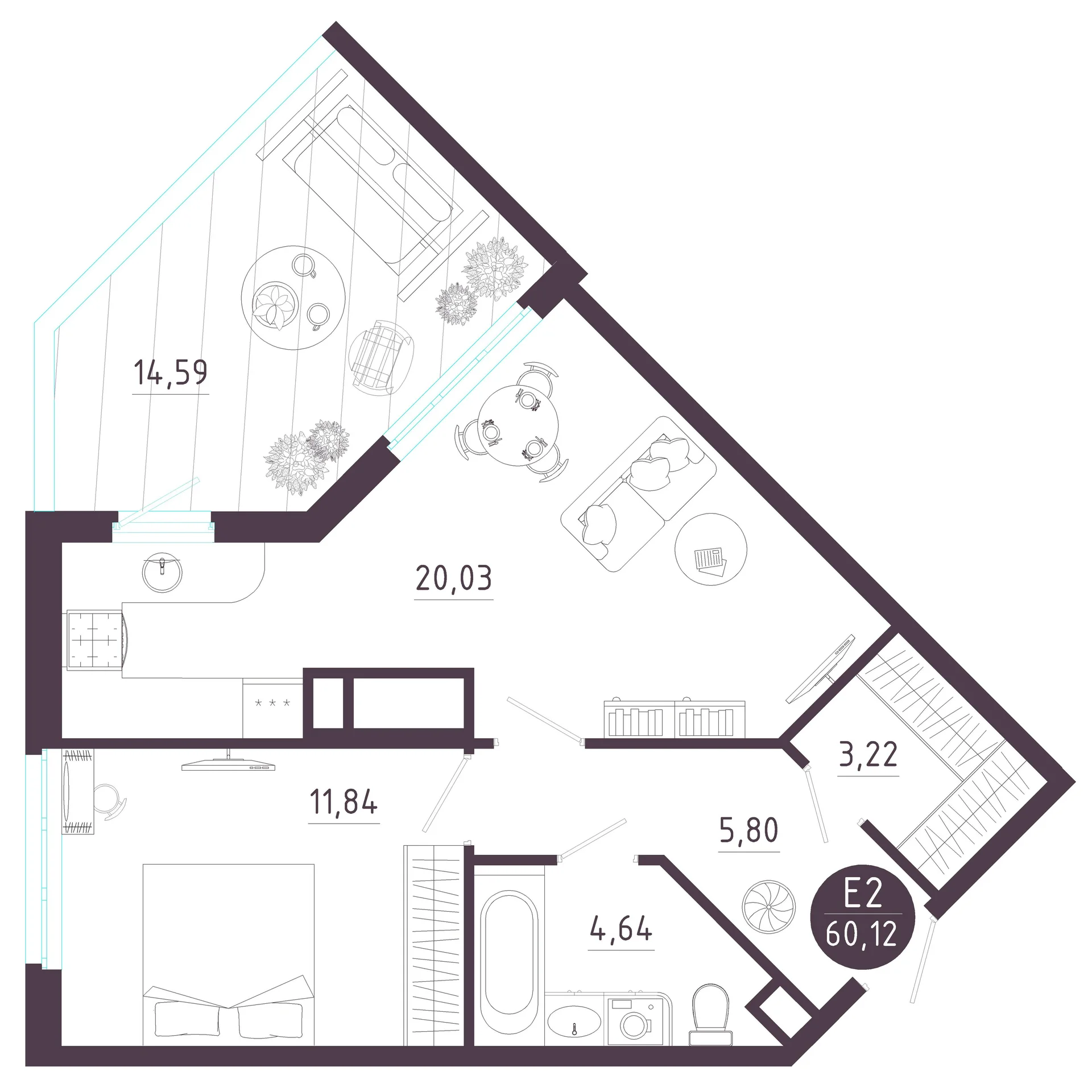 Планировка Квартира с одной спальней и гостиной 20 м² (Евро-2)