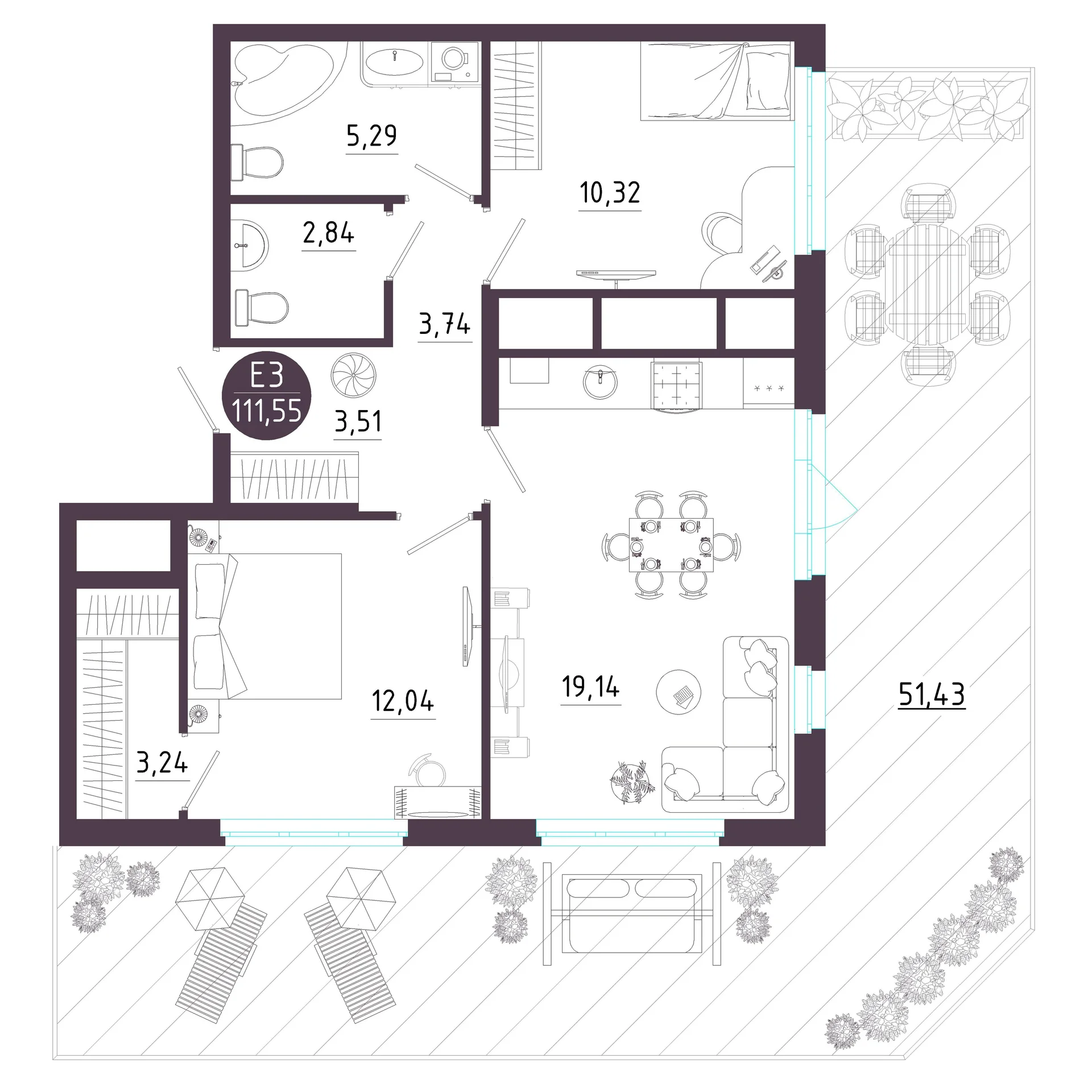 Планировка Квартира с двумя спальнями и гостиной 19 м² (Евро-3)