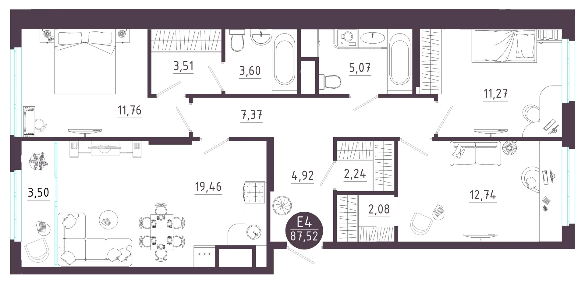 Планировка Квартира с тремя спальнями и гостиной 23 м² (Евро-4)