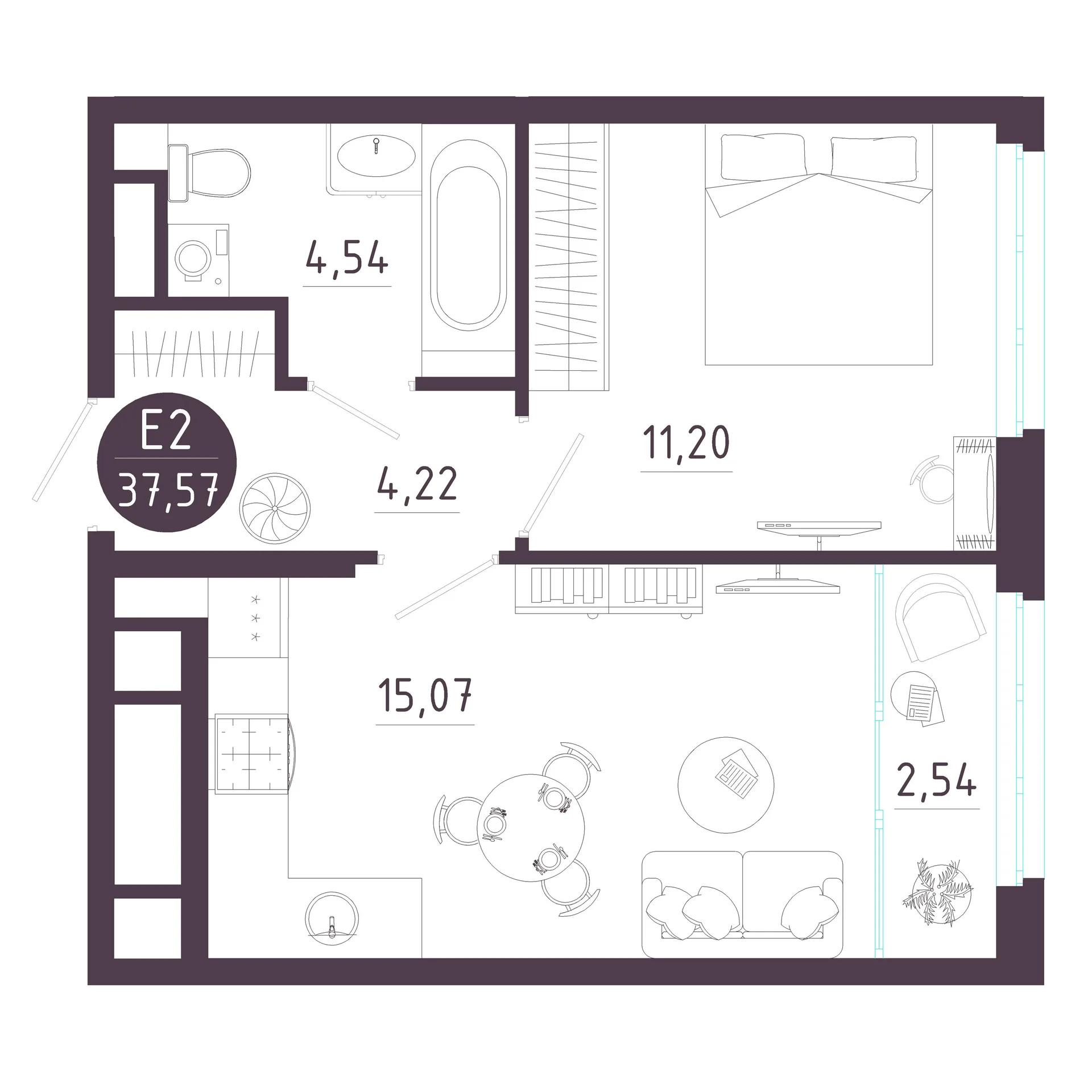 Планировка Квартира с одной спальней и гостиной 18 м² (Евро-2)