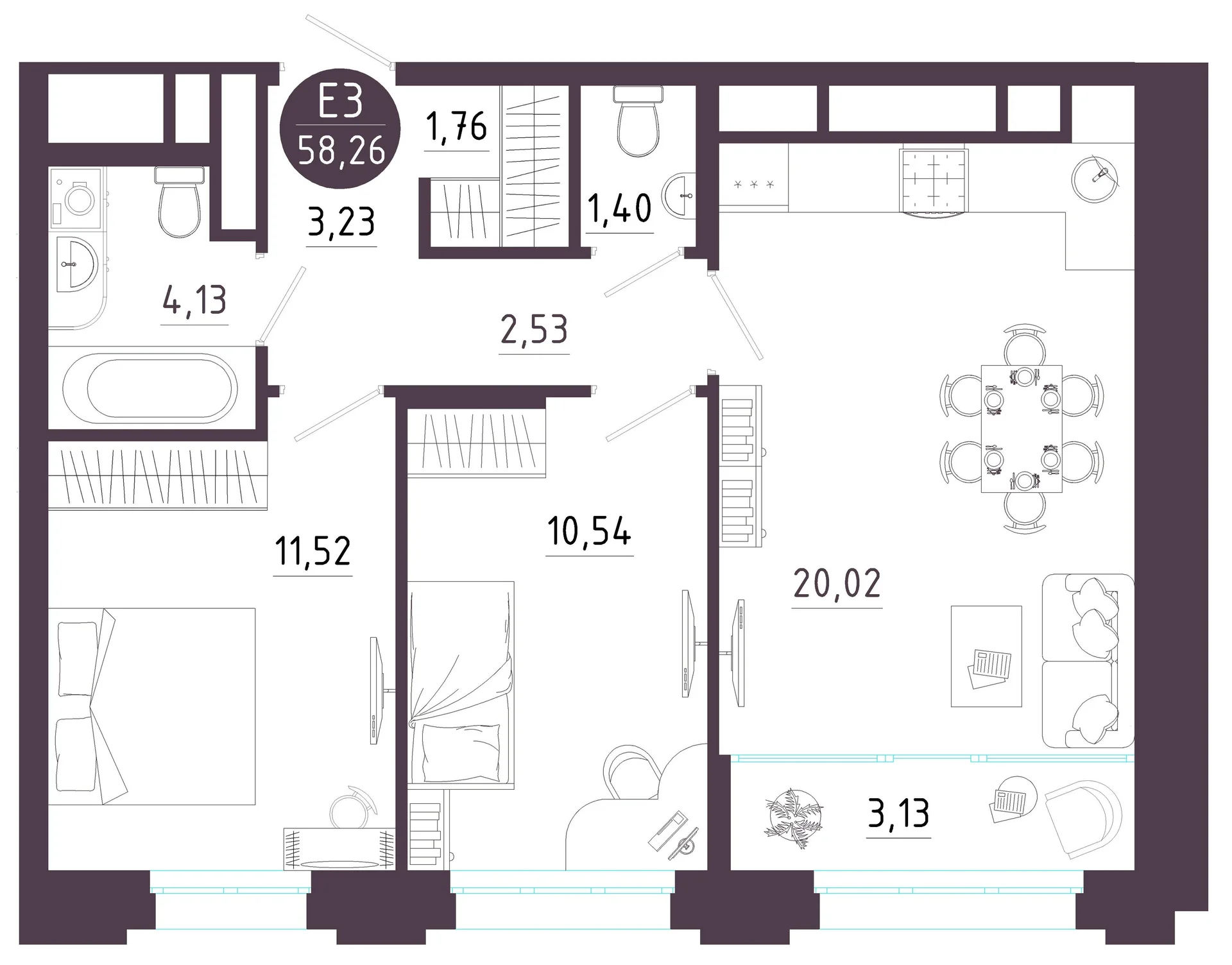 Планировка Квартира с двумя спальнями и гостиной 23 м² (Евро-3)