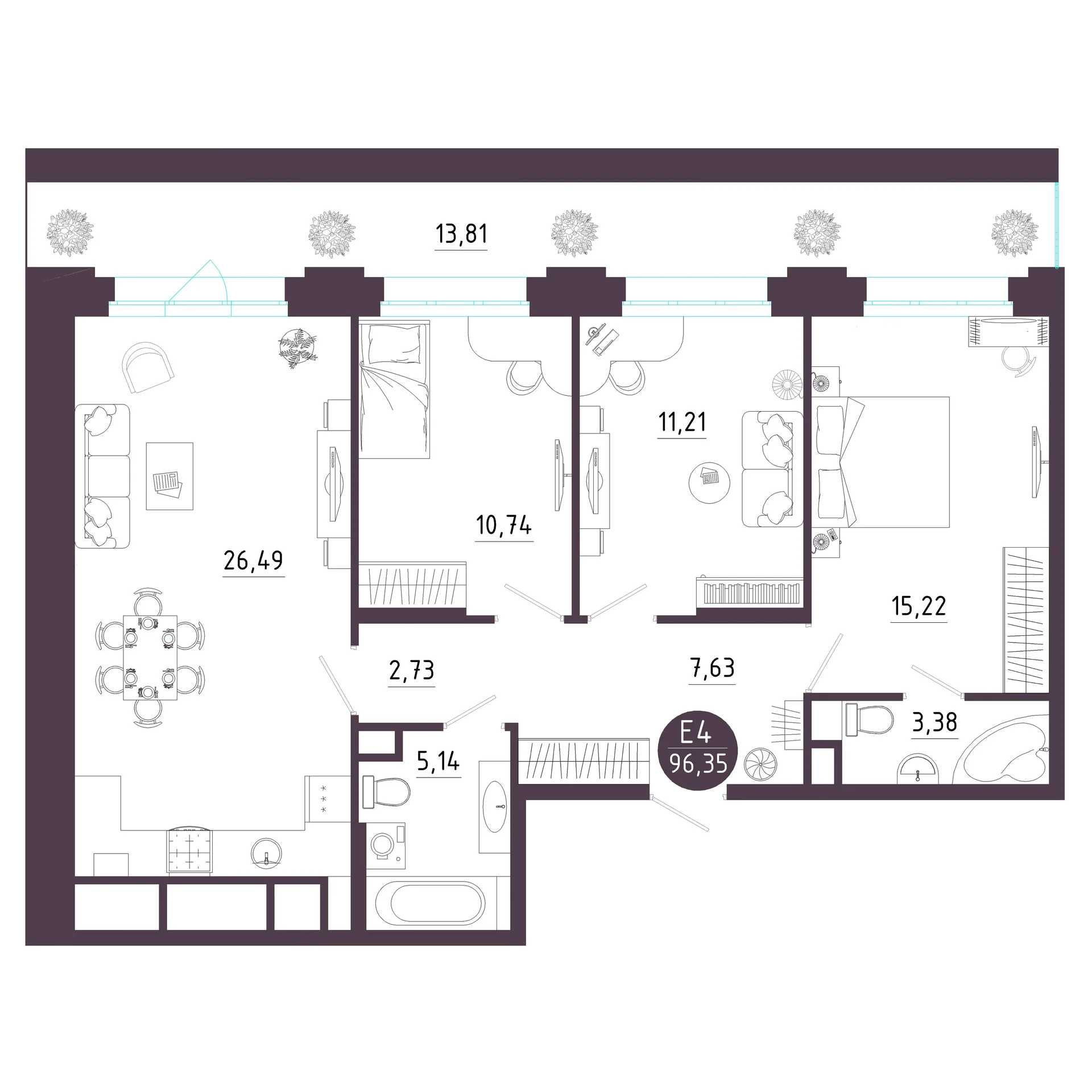 Планировка Квартира с тремя спальнями и гостиной 26 м² (Евро-4)