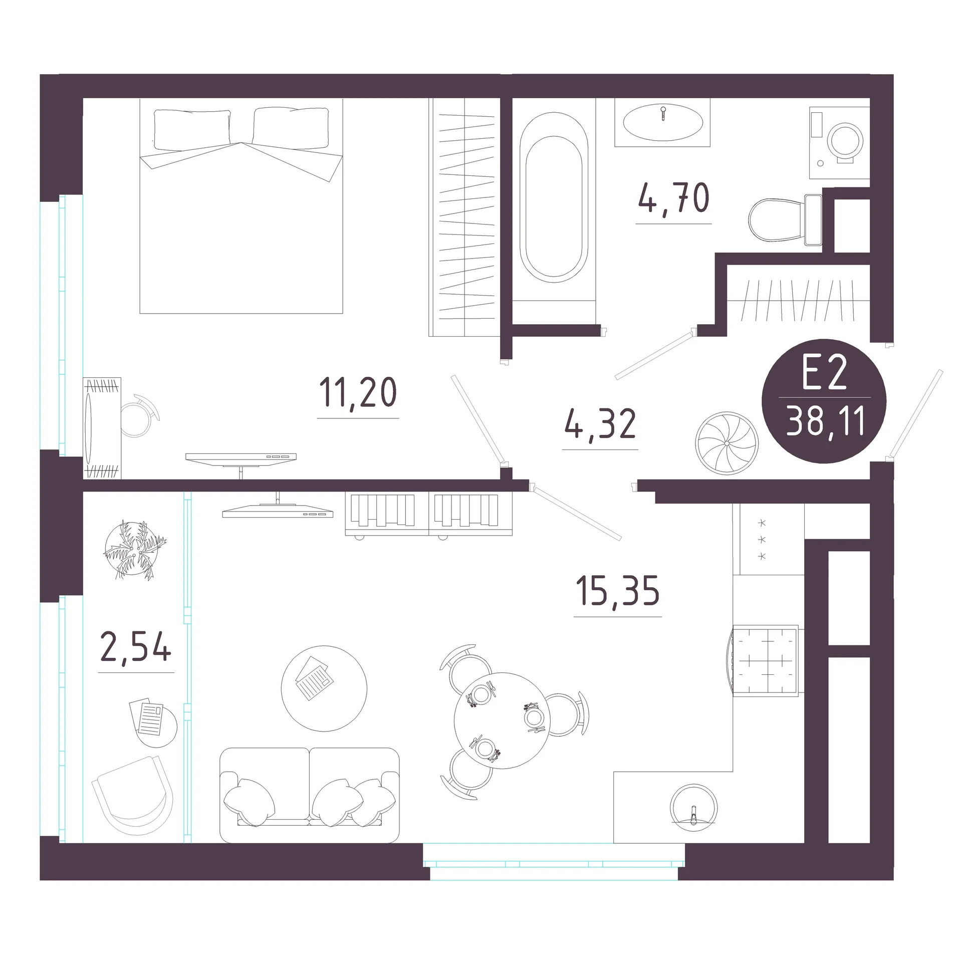 Планировка Квартира с одной спальней и гостиной 18 м² (Евро-2)