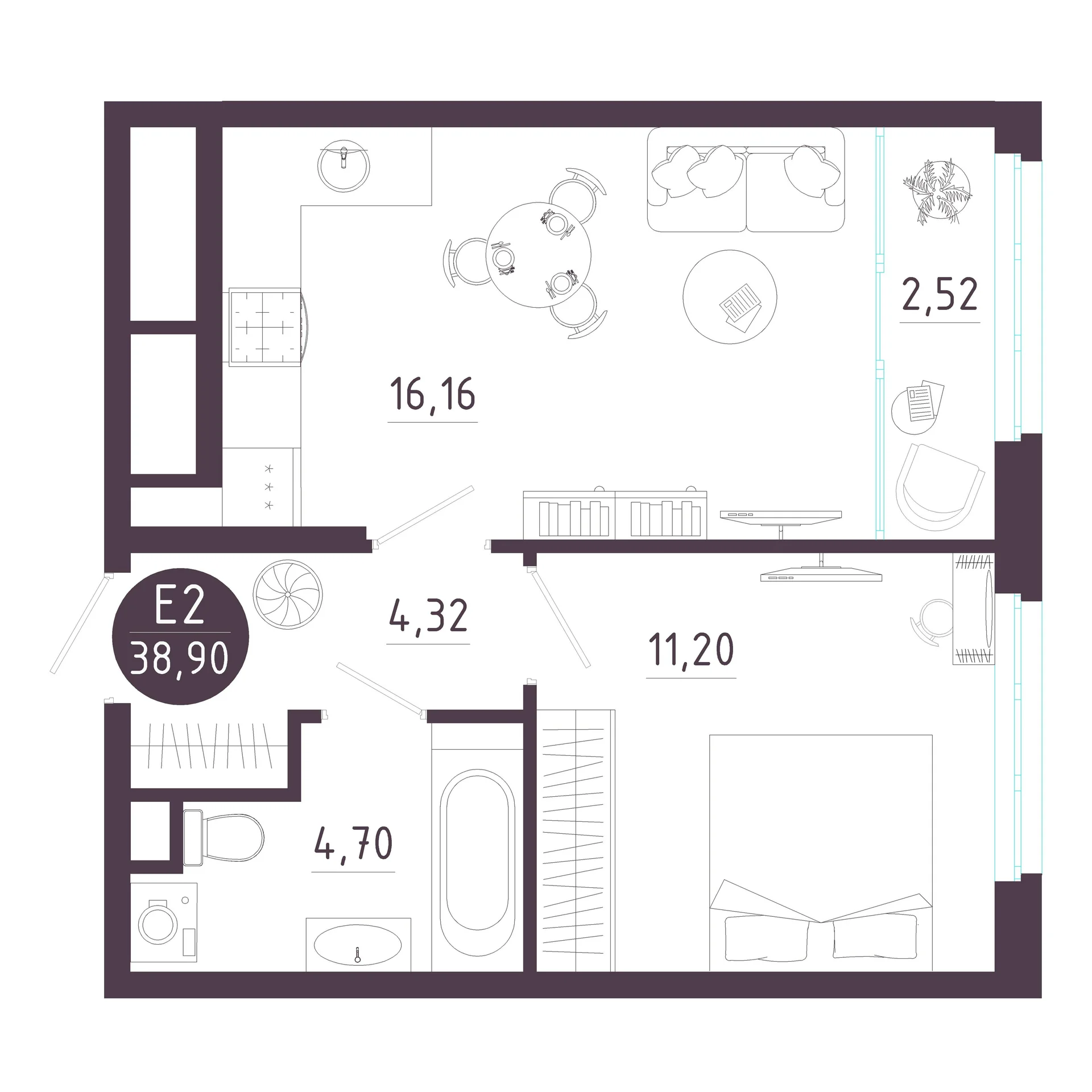 Планировка Квартира с одной спальней и гостиной 19 м² (Евро-2)