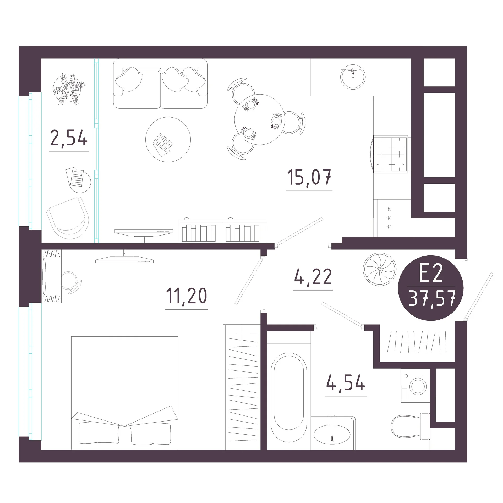 Планировка Квартира с одной спальней и гостиной 18 м² (Евро-2)