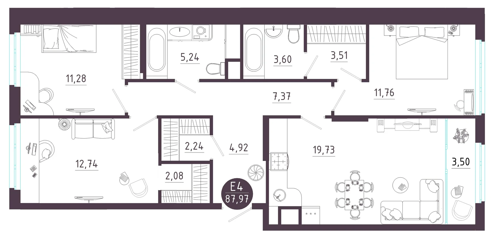 Планировка Квартира с тремя спальнями и гостиной 23 м² (Евро-4)