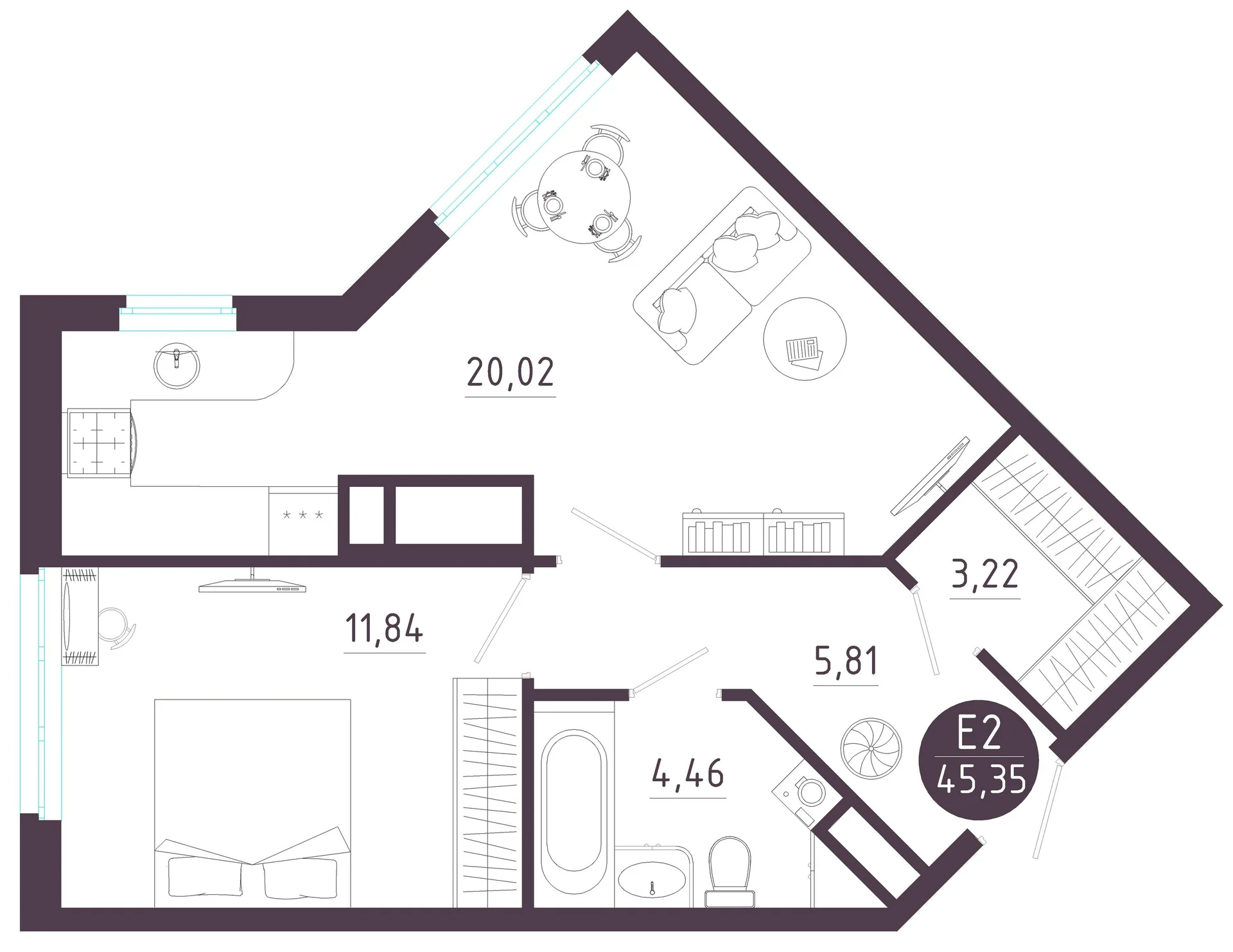 Планировка Квартира с одной спальней и гостиной 20 м² (Евро-2)