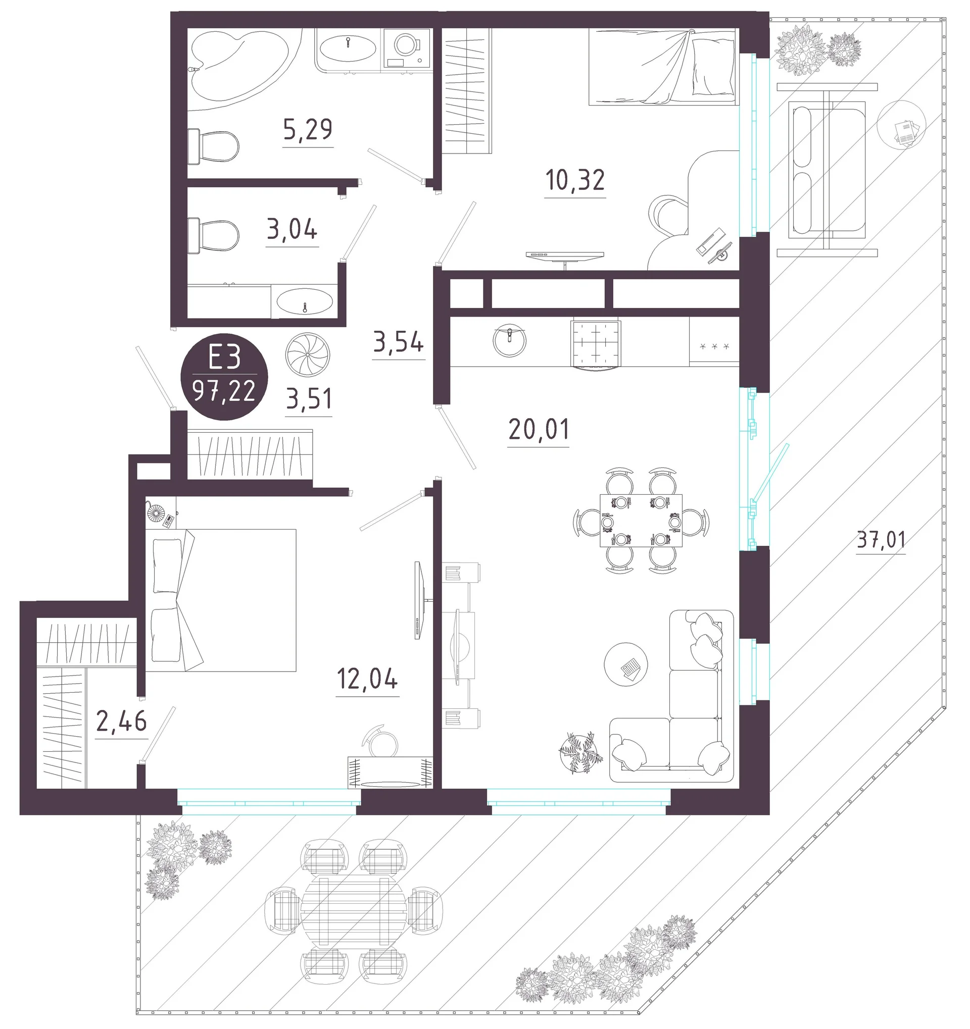 Планировка Квартира с двумя спальнями и гостиной 20 м² (Евро-3)