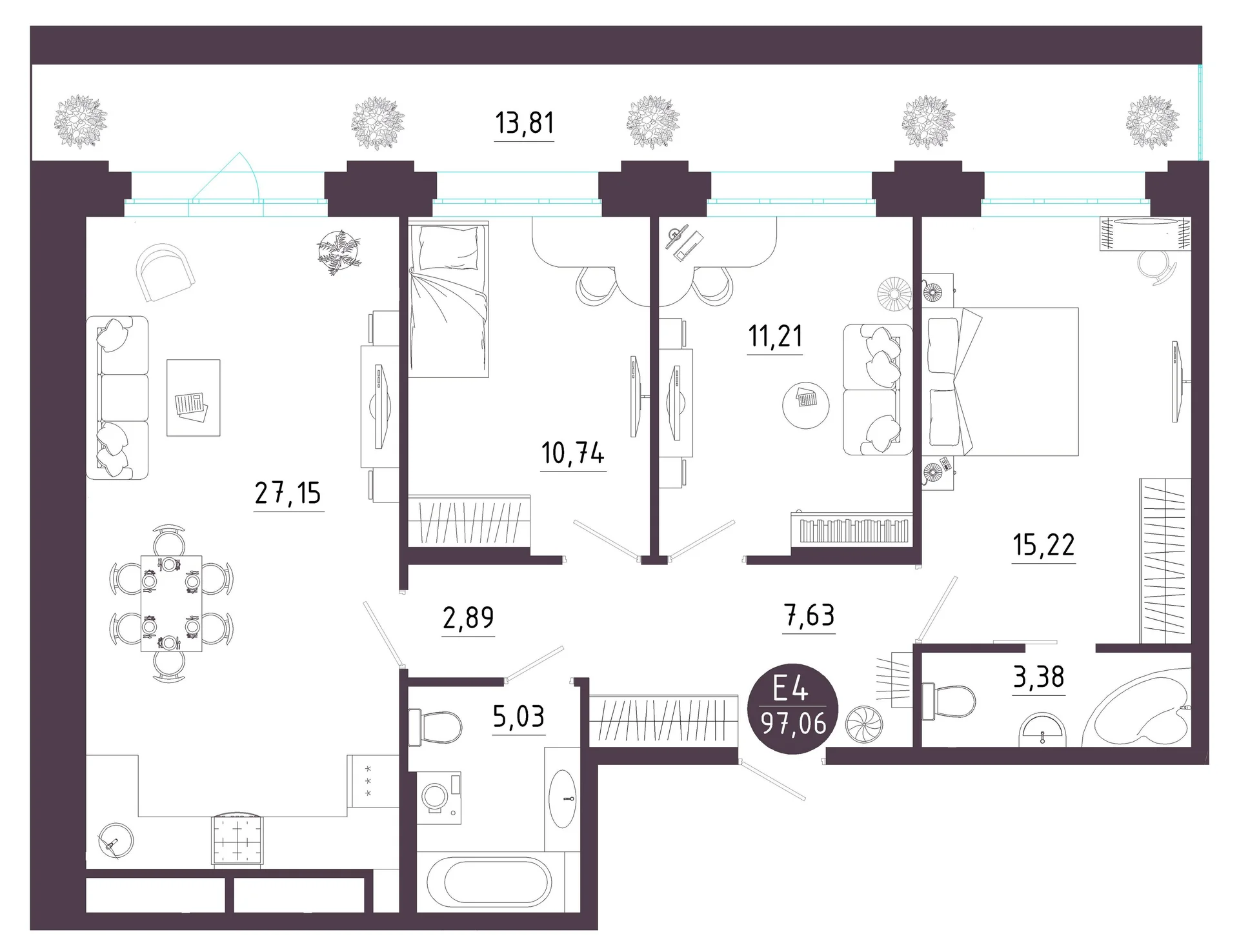 Планировка Квартира с тремя спальнями и гостиной 27 м² (Евро-4)
