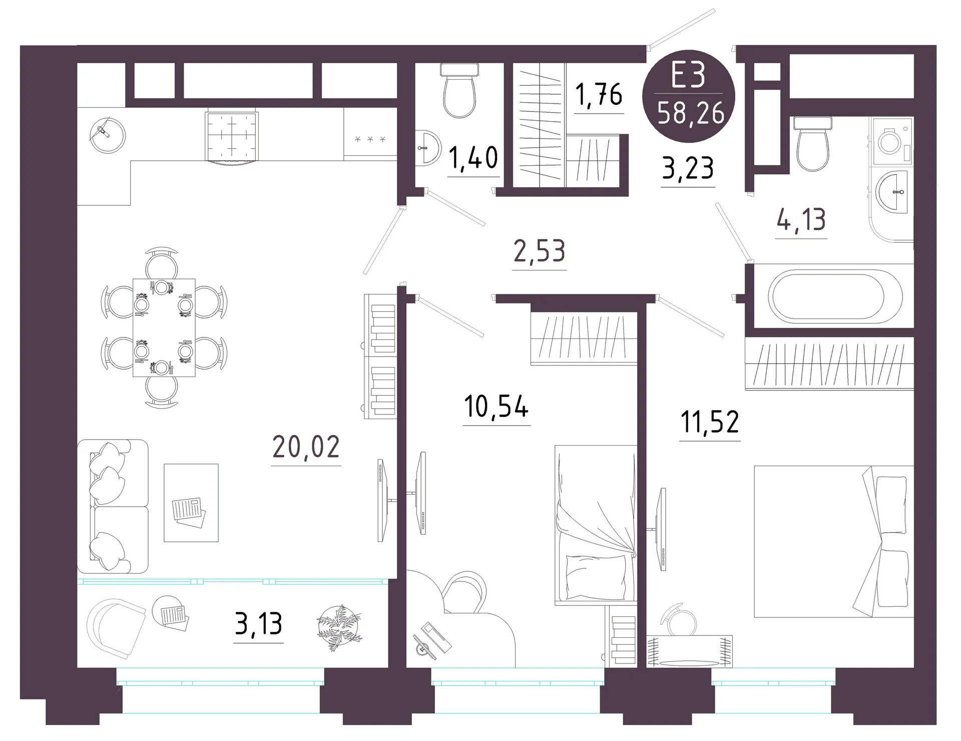 Планировка Квартира с двумя спальнями и гостиной 23 м² (Евро-3)