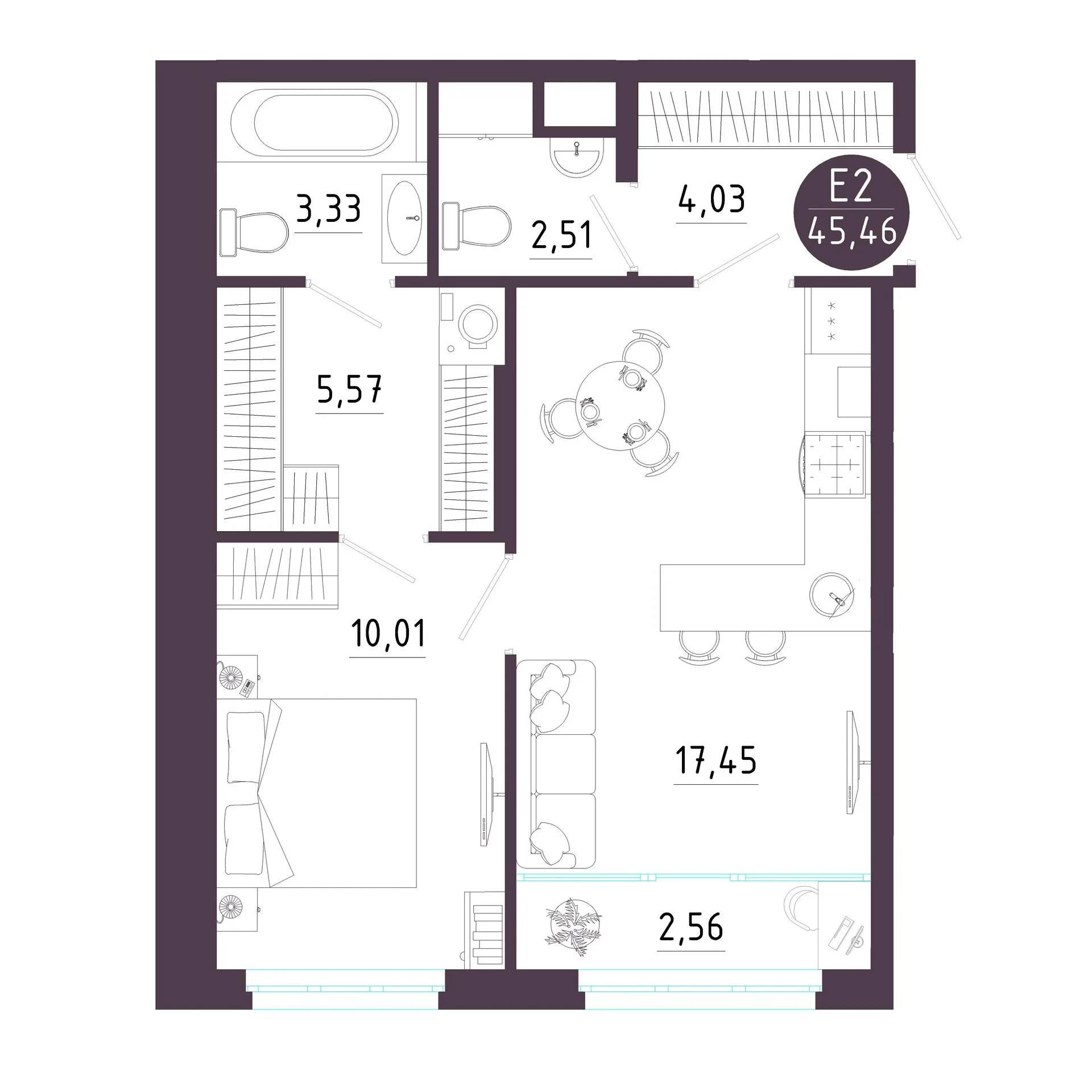 Планировка Квартира с одной спальней и гостиной 17 м² (Евро-2)