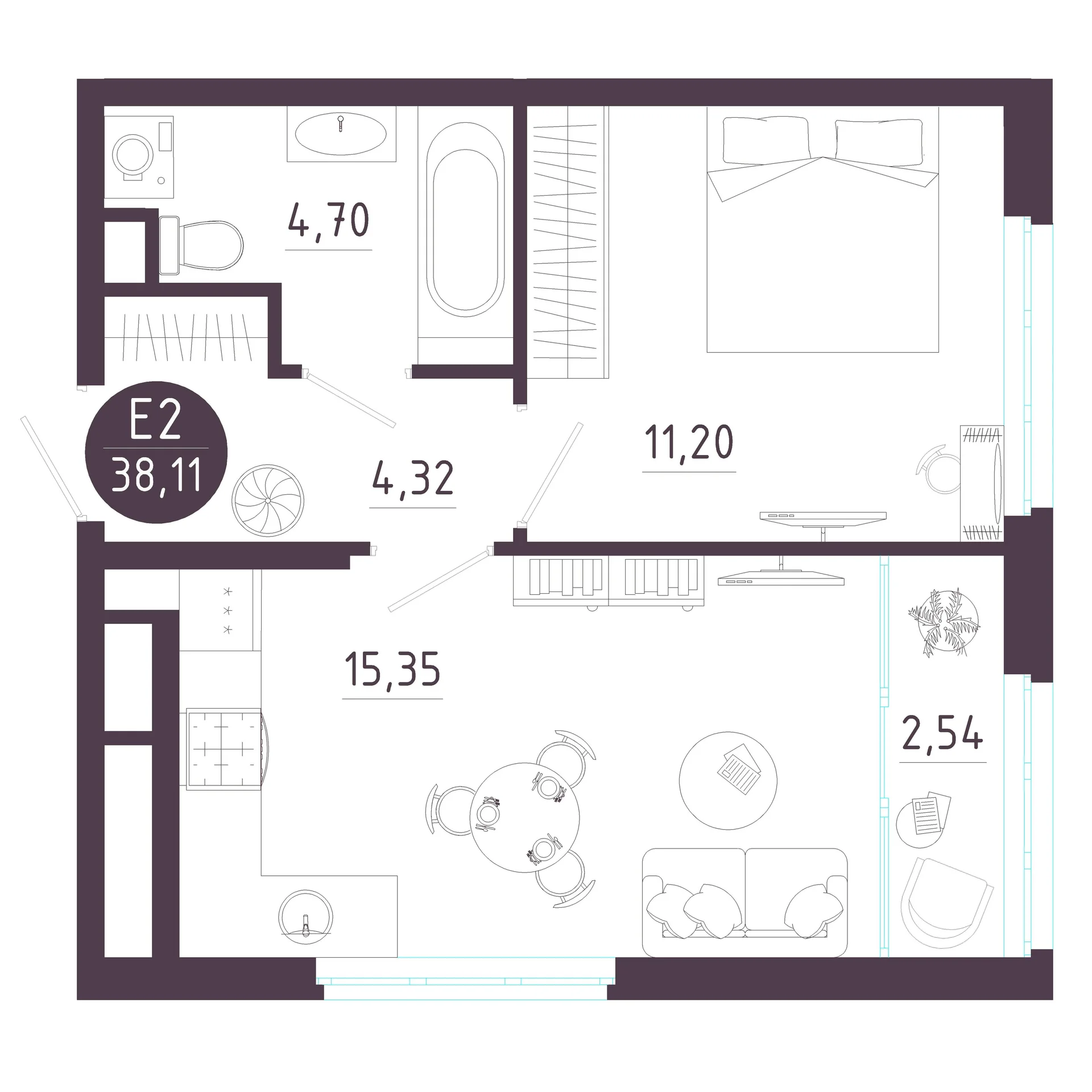 Планировка Квартира с одной спальней и гостиной 18 м² (Евро-2)