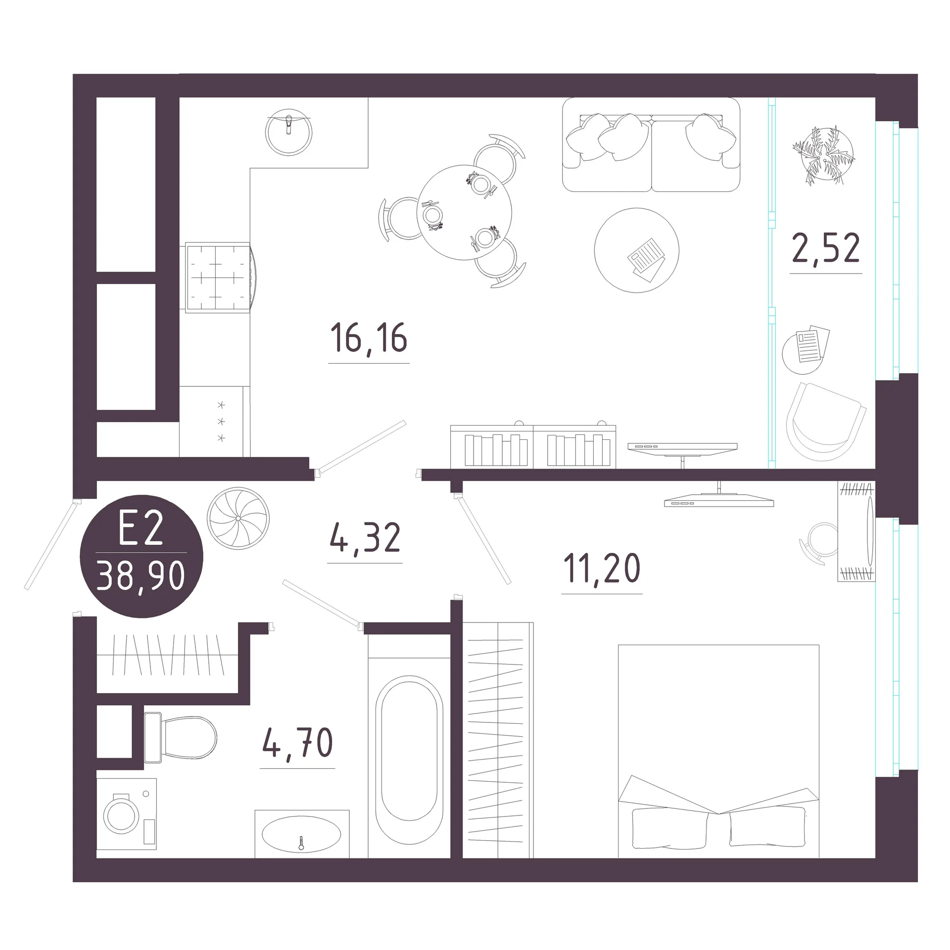 Планировка Квартира с одной спальней и гостиной 19 м² (Евро-2)