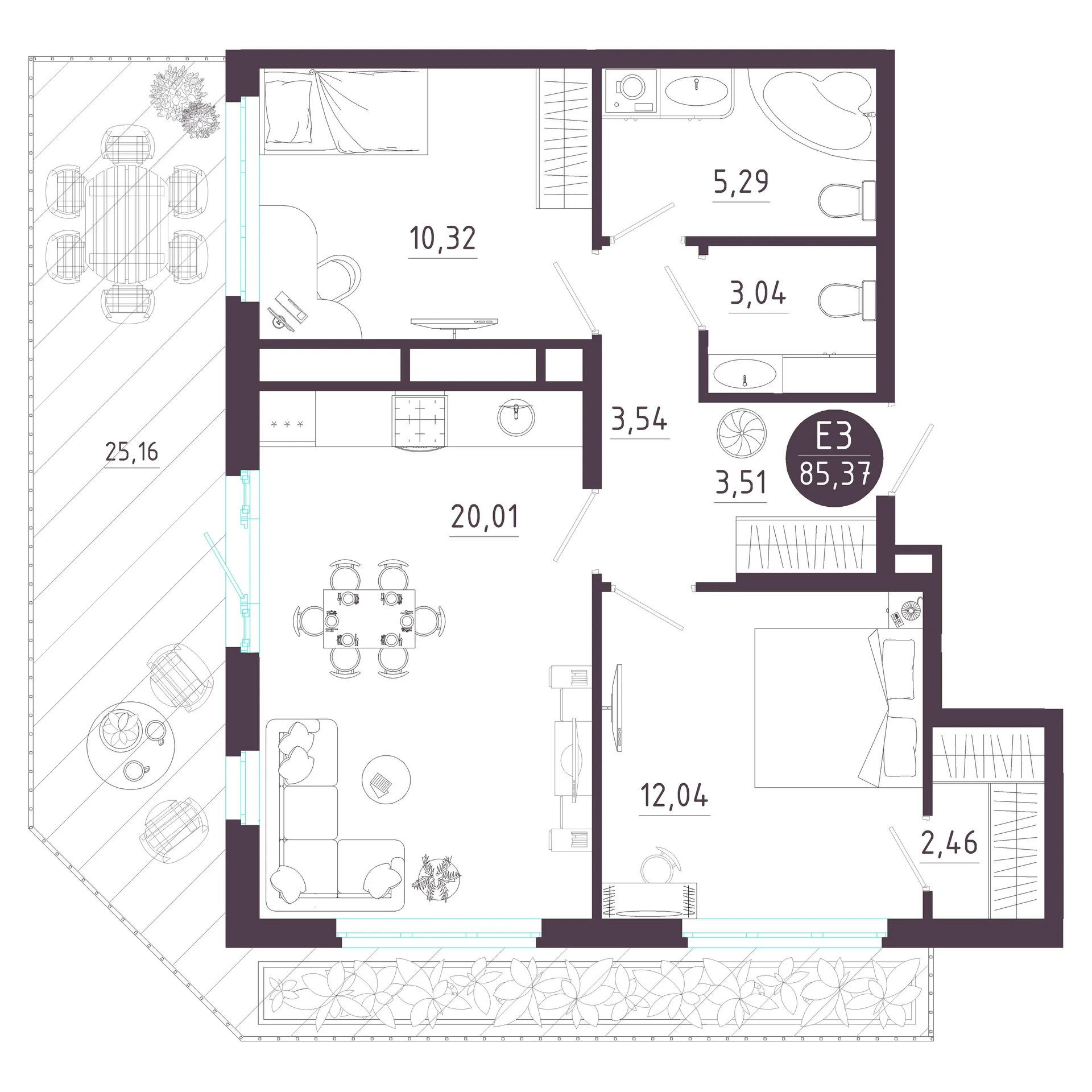 Планировка Квартира с двумя спальнями и гостиной 20 м² (Евро-3)