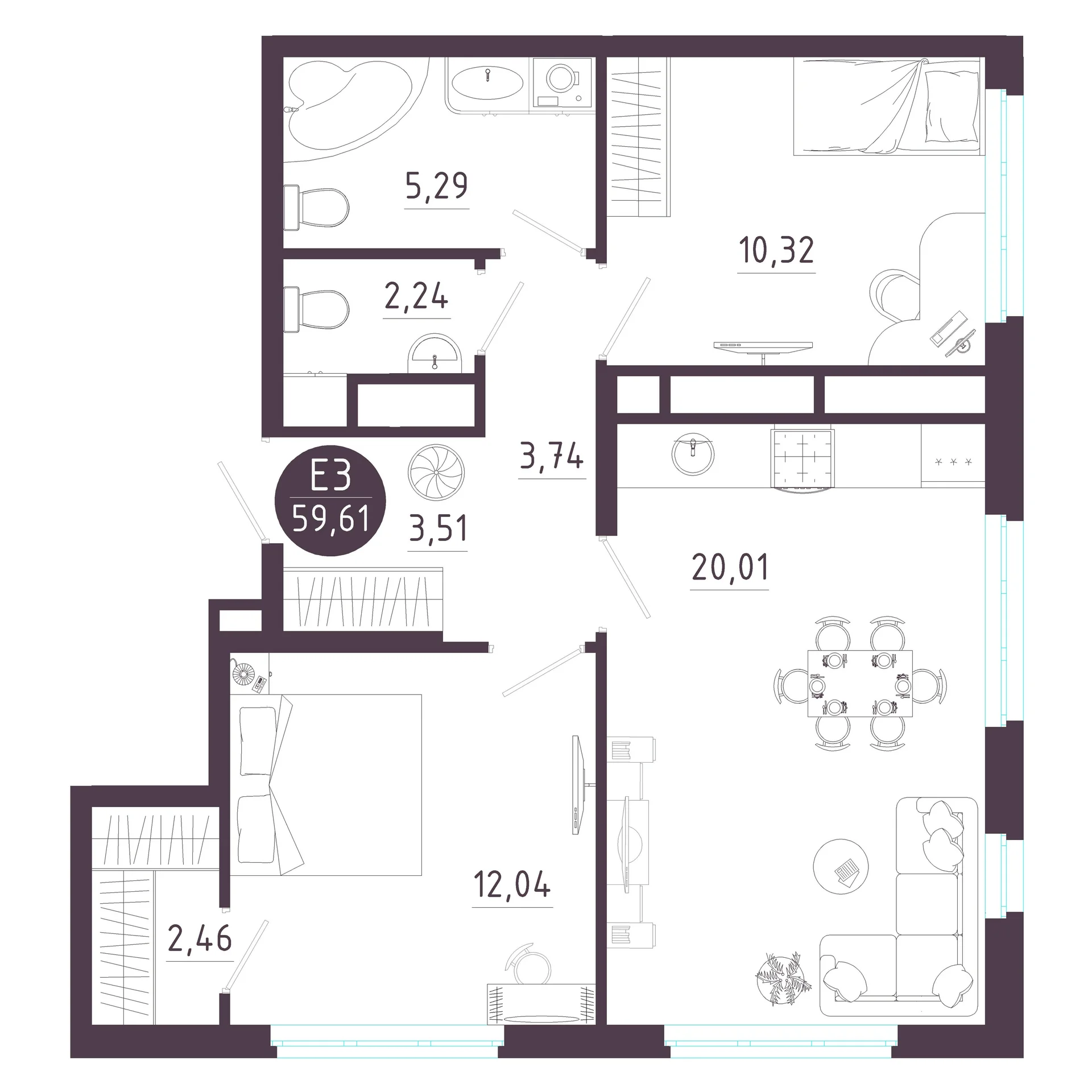 Планировка Квартира с двумя спальнями и гостиной 20 м² (Евро-3)
