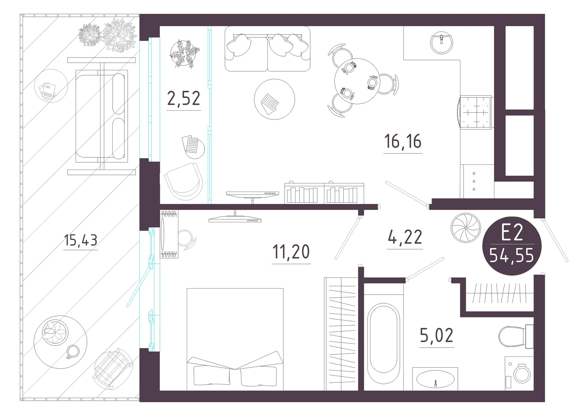 Планировка Квартира с одной спальней и гостиной 19 м² (Евро-2)