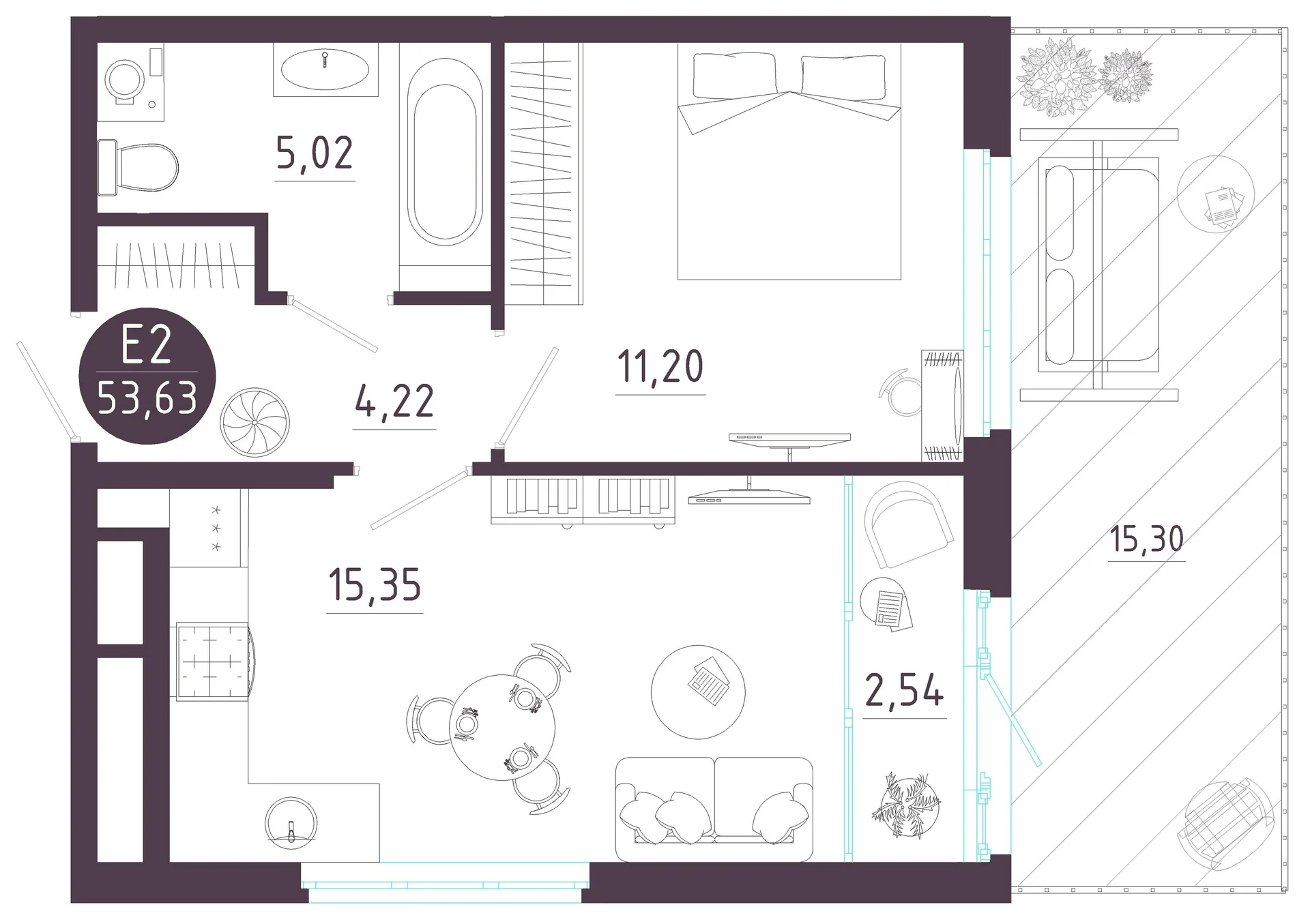 Планировка Квартира с одной спальней и гостиной 18 м² (Евро-2)