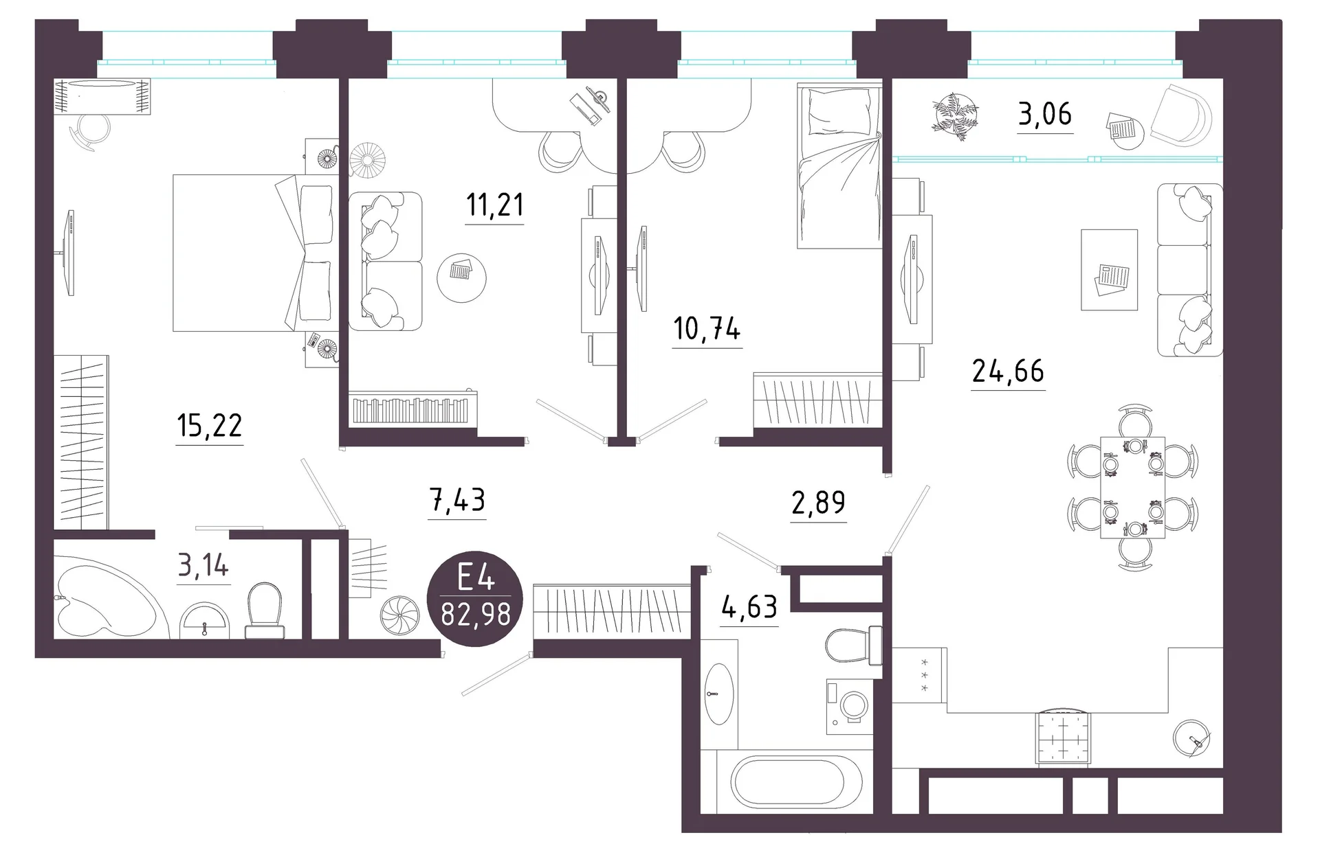 Планировка Квартира с тремя спальнями и гостиной 28 м² (Евро-4)