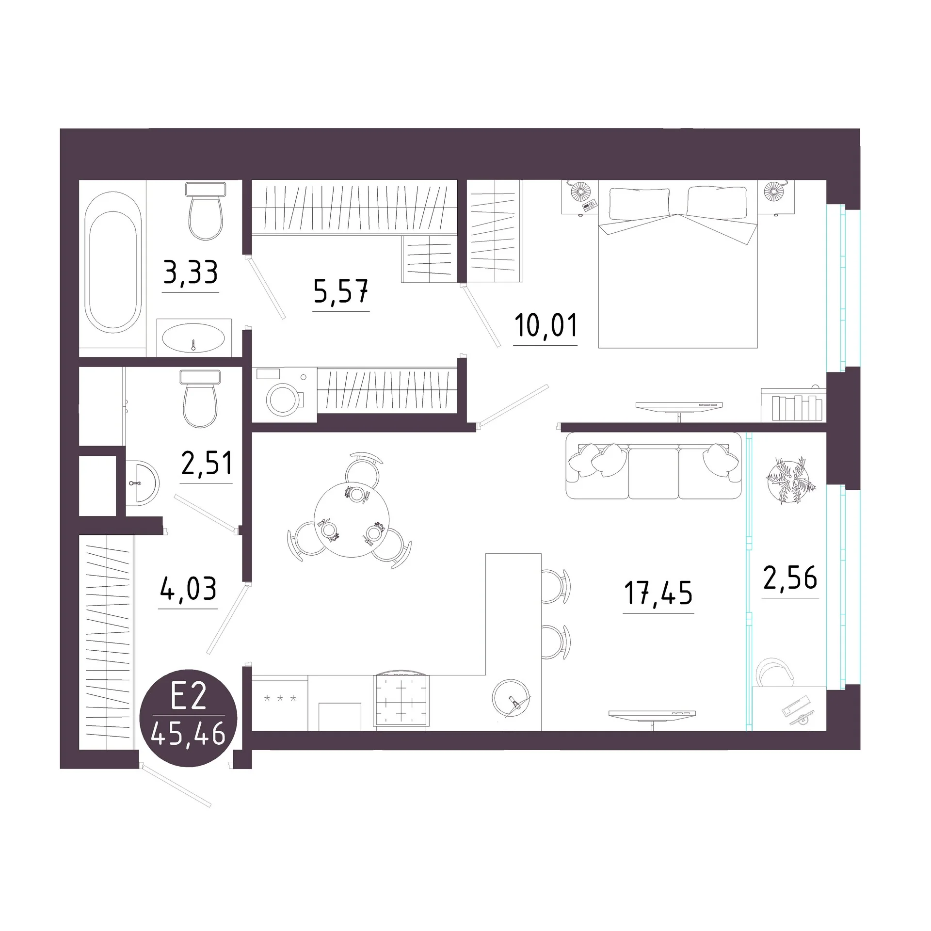 Планировка Квартира с одной спальней и гостиной 17 м² (Евро-2)