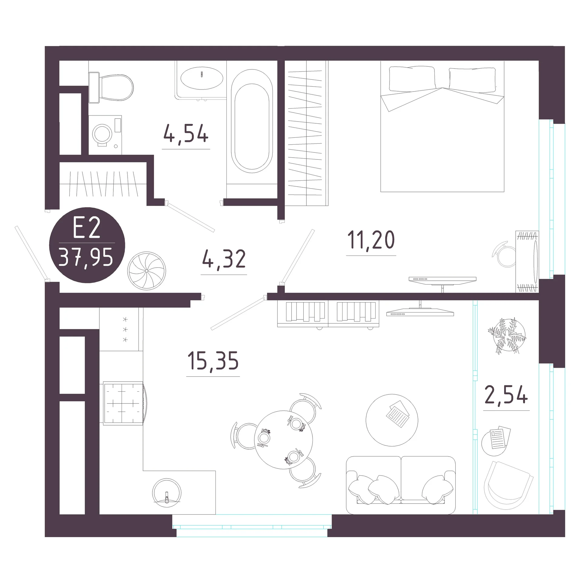 Планировка Квартира с одной спальней и гостиной 18 м² (Евро-2)