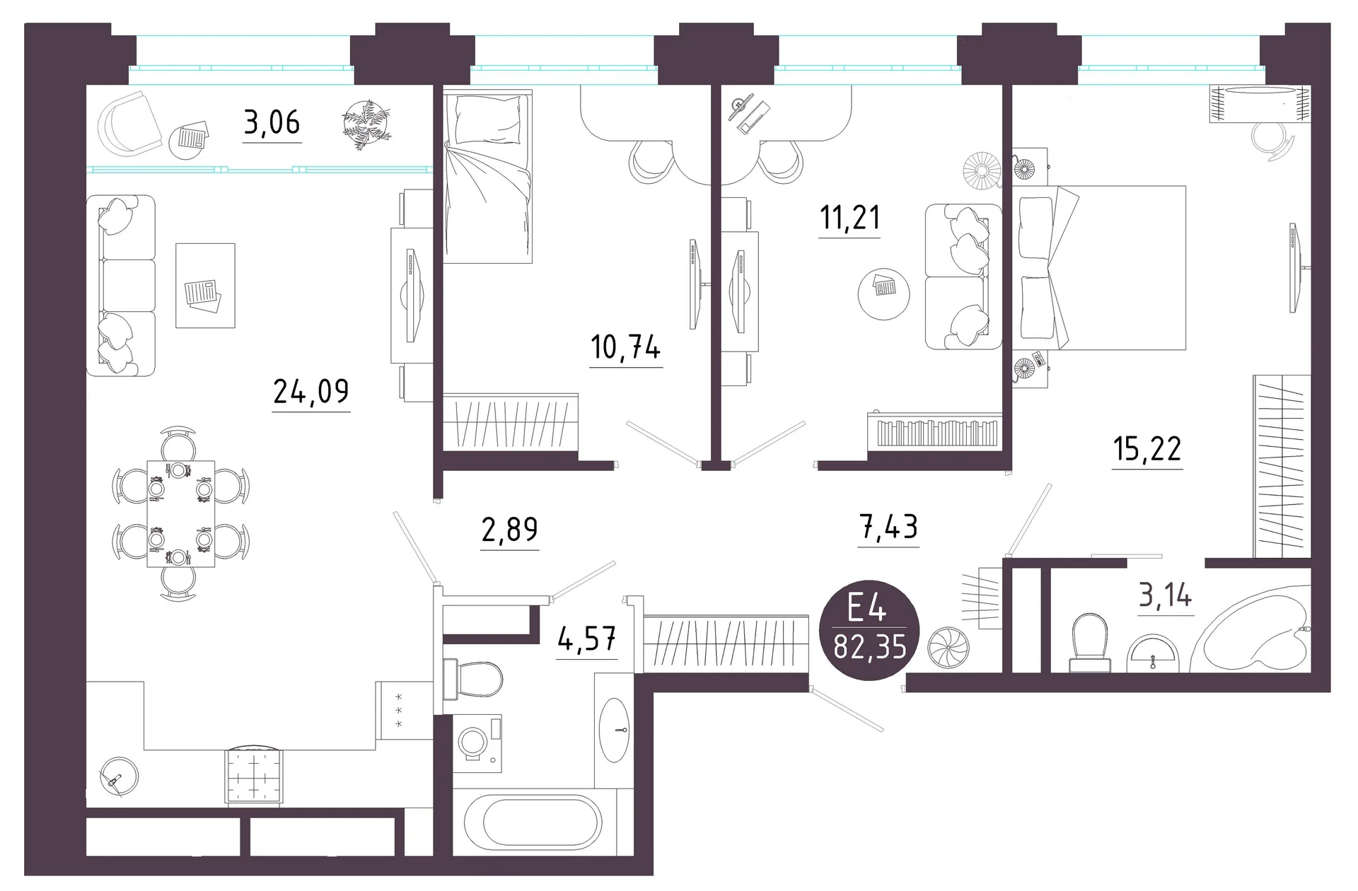 Планировка Квартира с тремя спальнями и гостиной 27 м² (Евро-4)