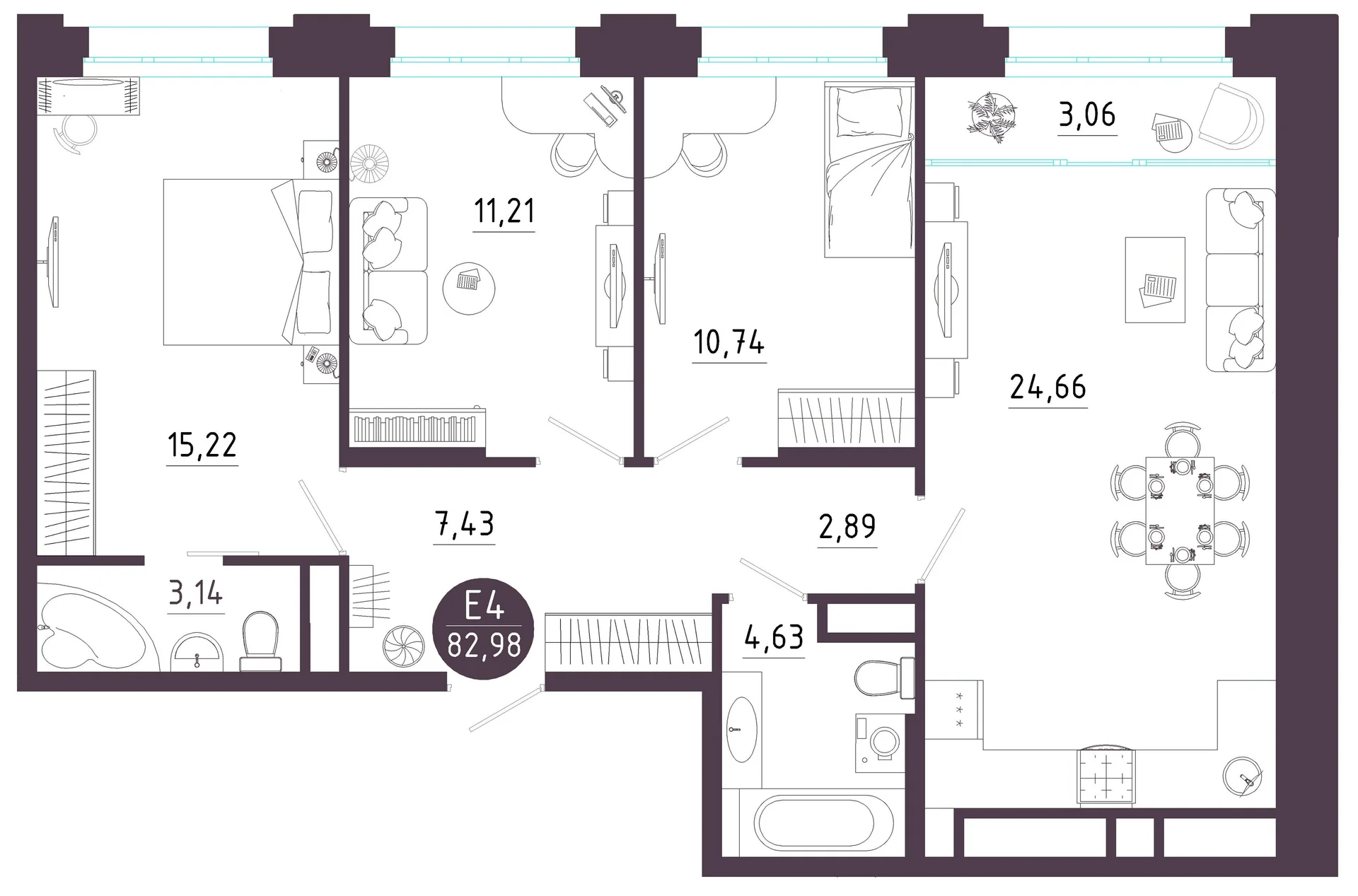 Планировка Квартира с тремя спальнями и гостиной 28 м² (Евро-4)