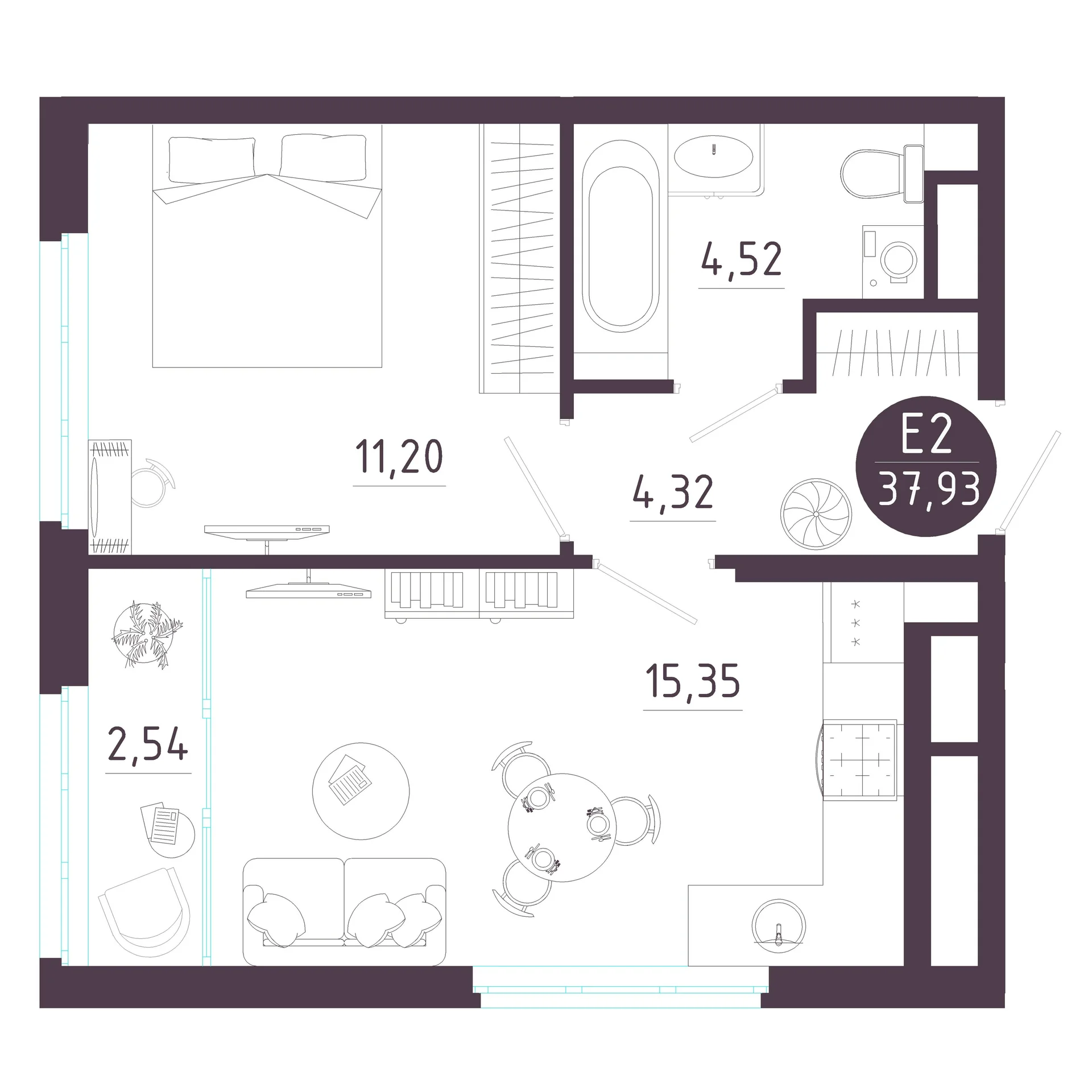 Планировка Квартира с одной спальней и гостиной 18 м² (Евро-2)