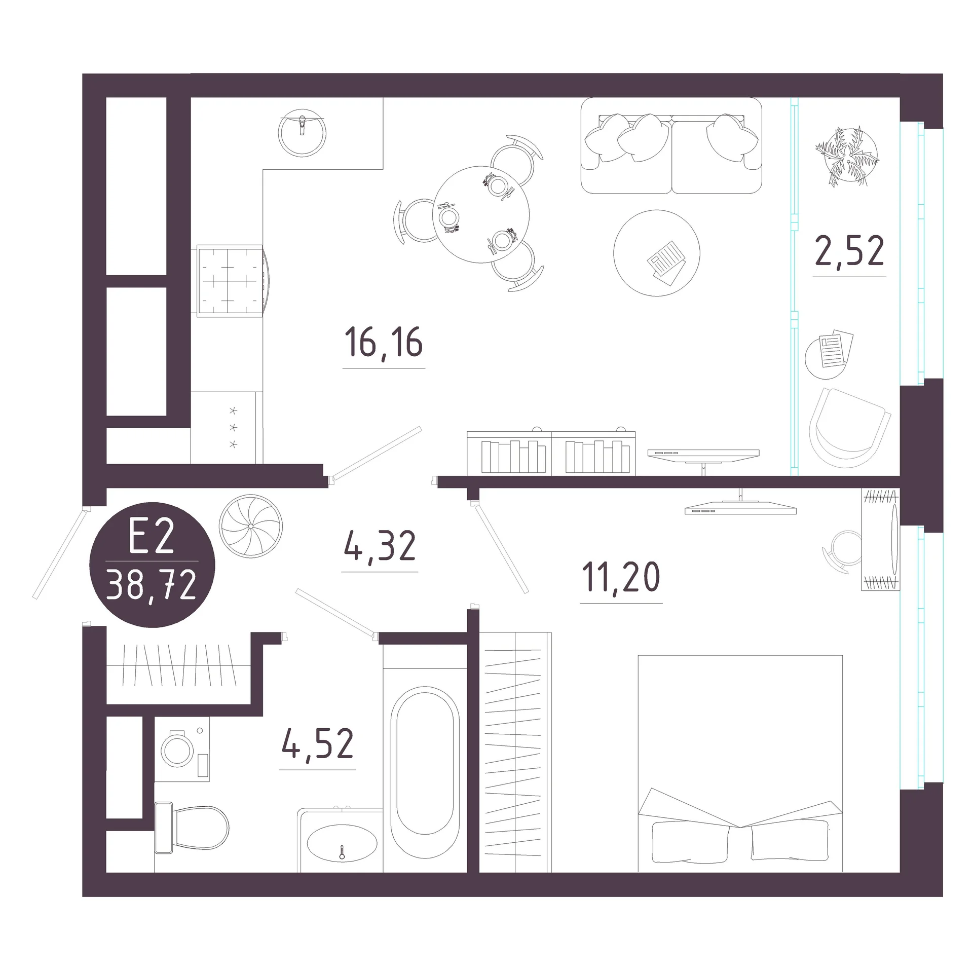 Планировка Квартира с одной спальней и гостиной 19 м² (Евро-2)