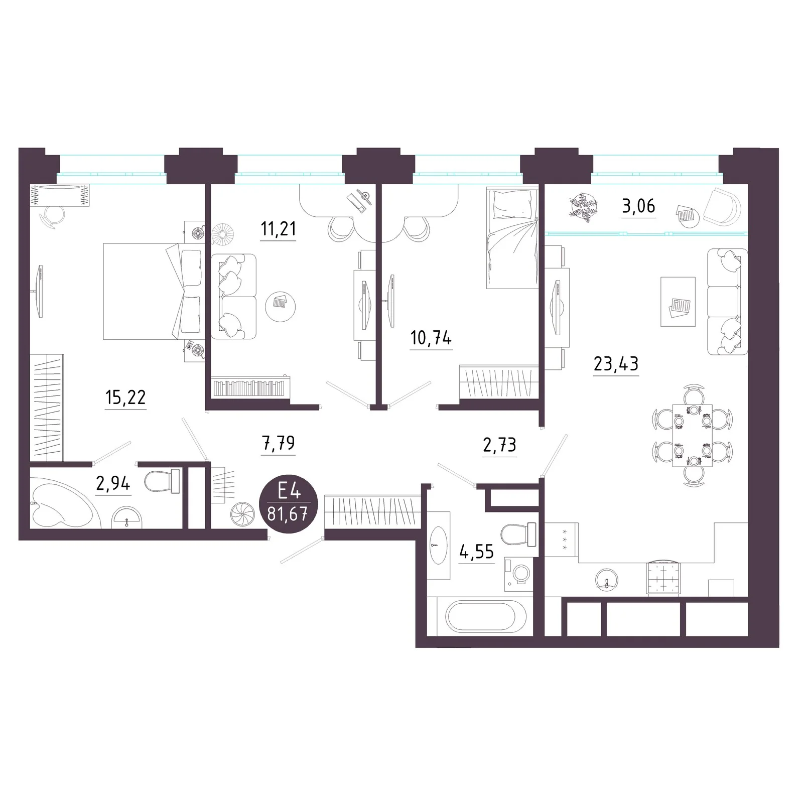 Планировка Квартира с тремя спальнями и гостиной 23 м² (Евро-4)