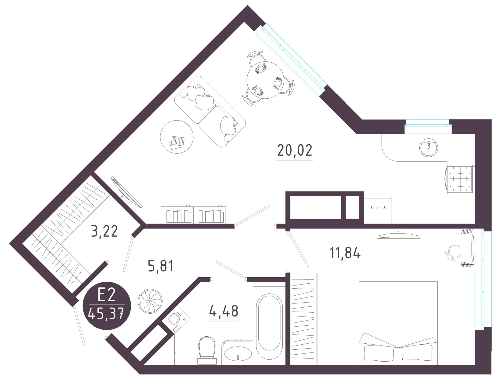 Планировка Квартира с одной спальней и гостиной 20 м² (Евро-2)