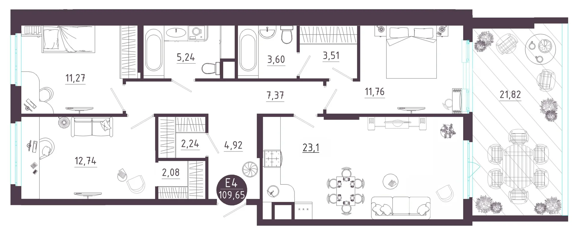 Планировка Квартира с тремя спальнями и гостиной 23 м² (Евро-4)