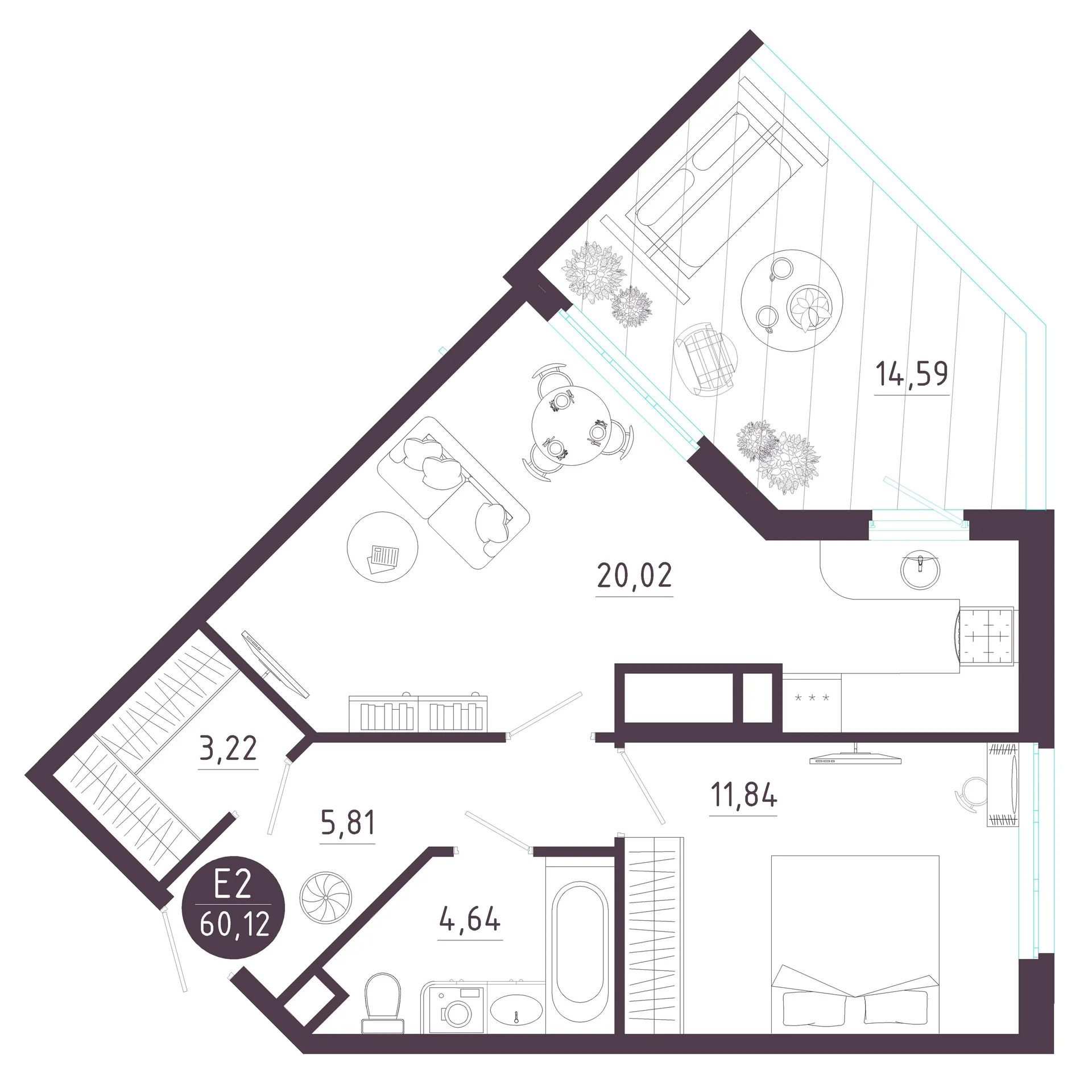 Планировка Квартира с одной спальней и гостиной 20 м² (Евро-2)