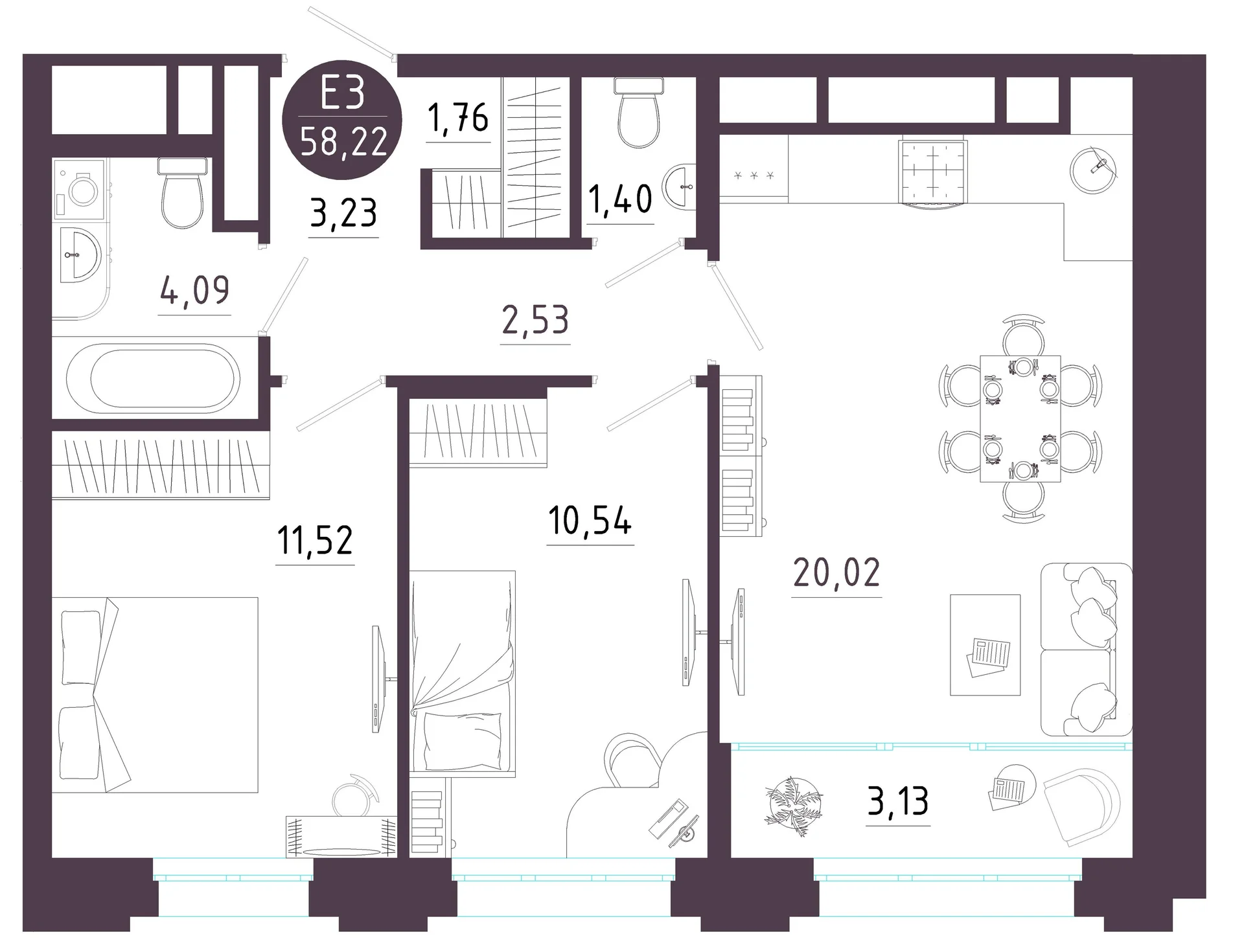Планировка Квартира с двумя спальнями и гостиной 23 м² (Евро-3)