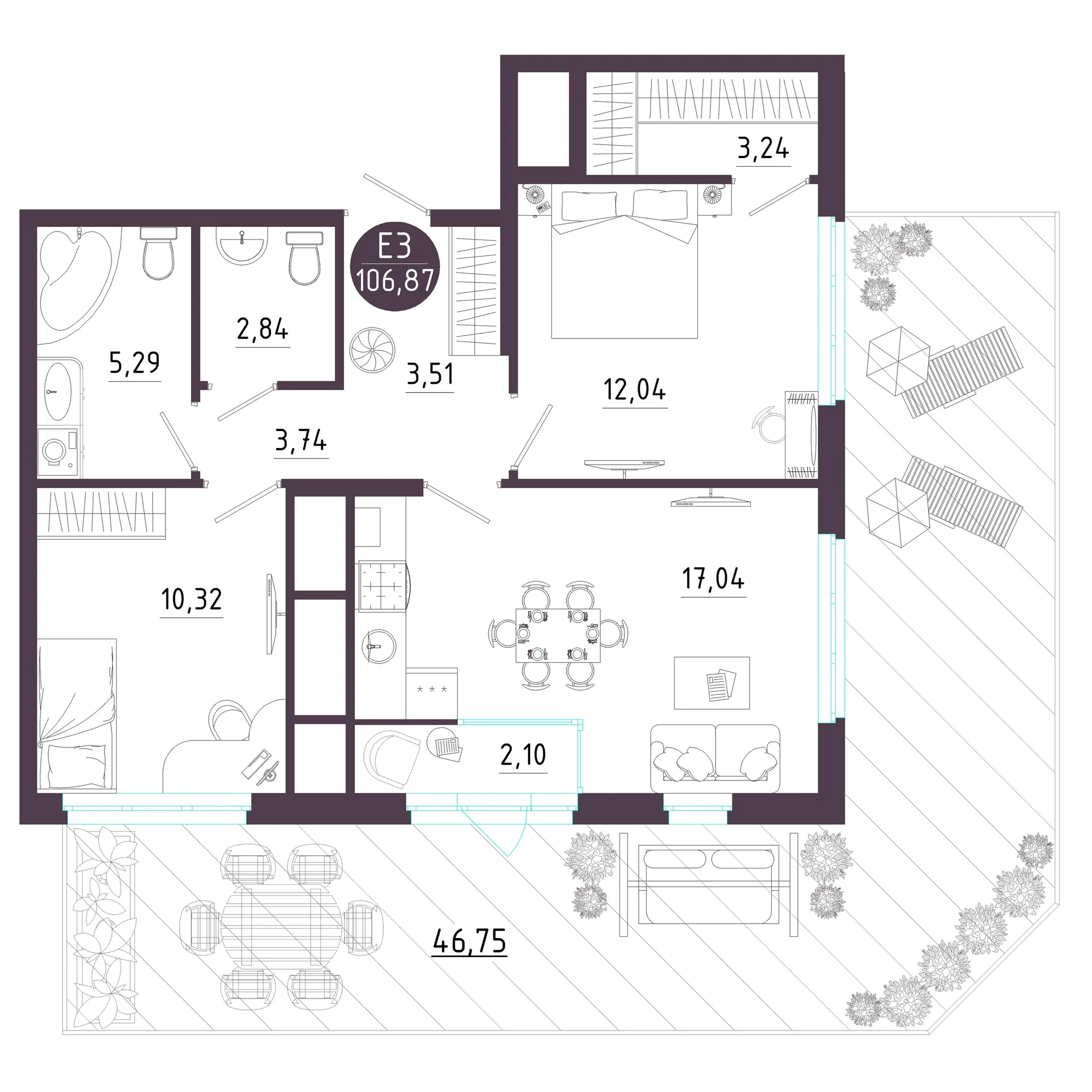 Планировка Квартира с двумя спальнями и гостиной 19 м² (Евро-3)