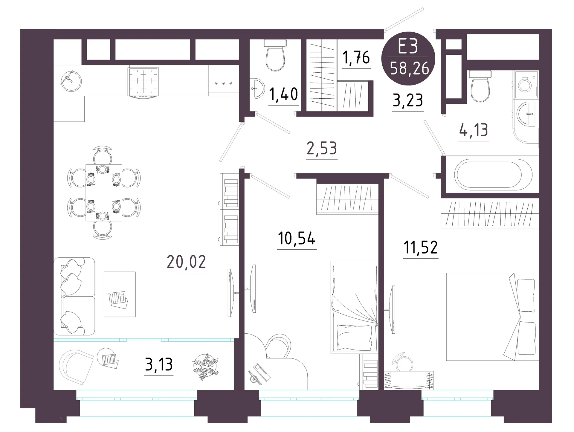 Планировка Квартира с двумя спальнями и гостиной 23 м² (Евро-3)