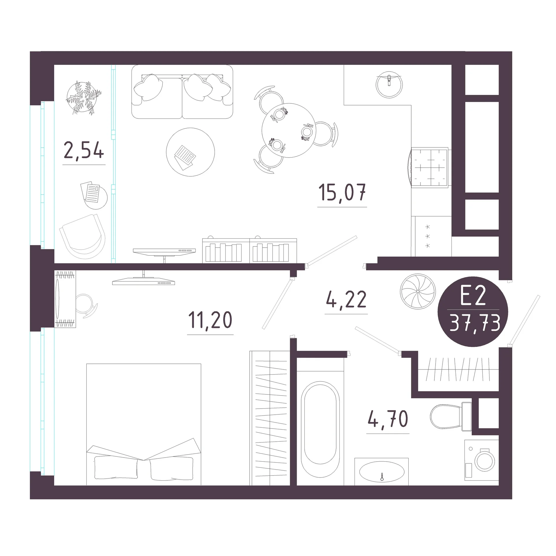 Планировка Квартира с одной спальней и гостиной 18 м² (Евро-2)