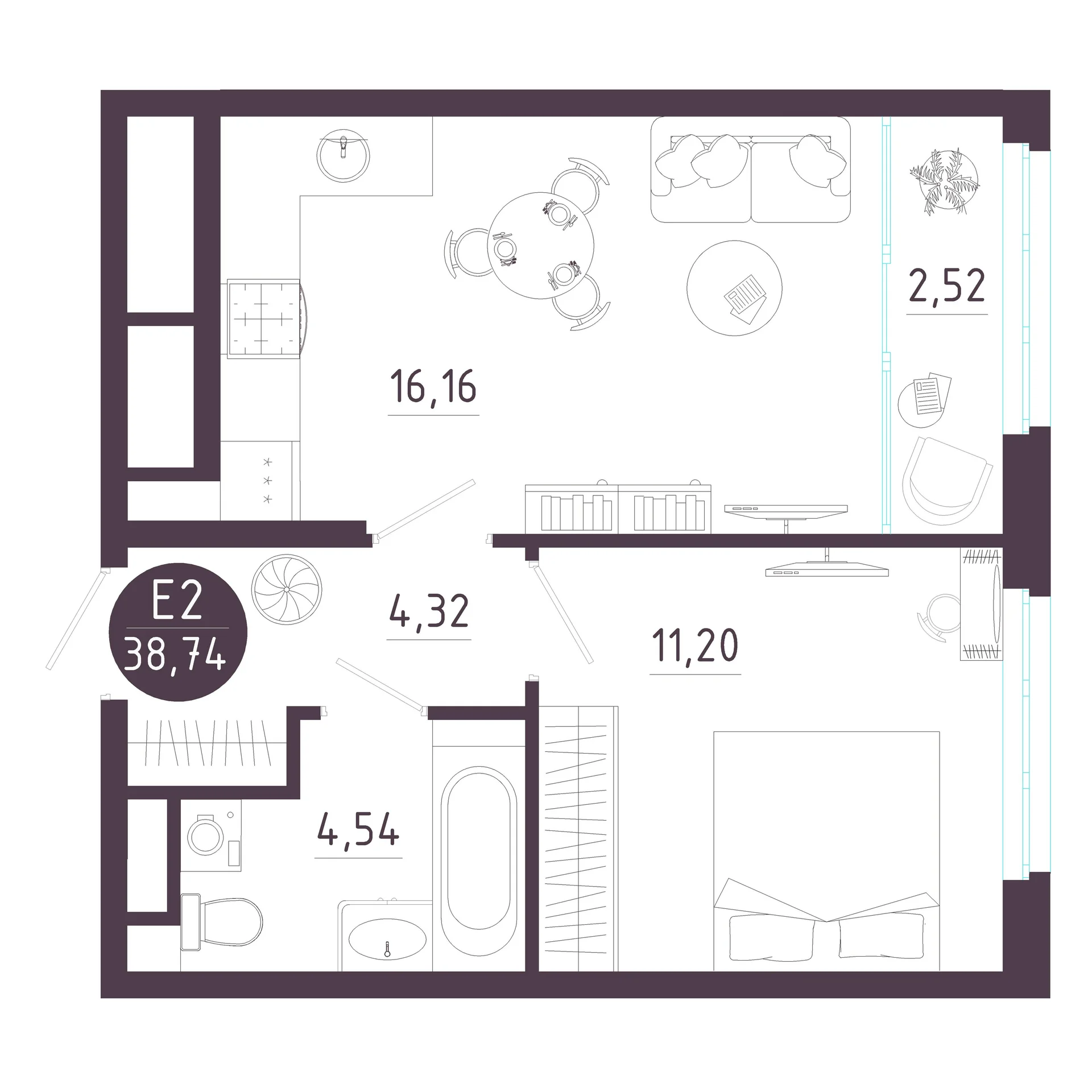 Планировка Квартира с одной спальней и гостиной 19 м² (Евро-2)