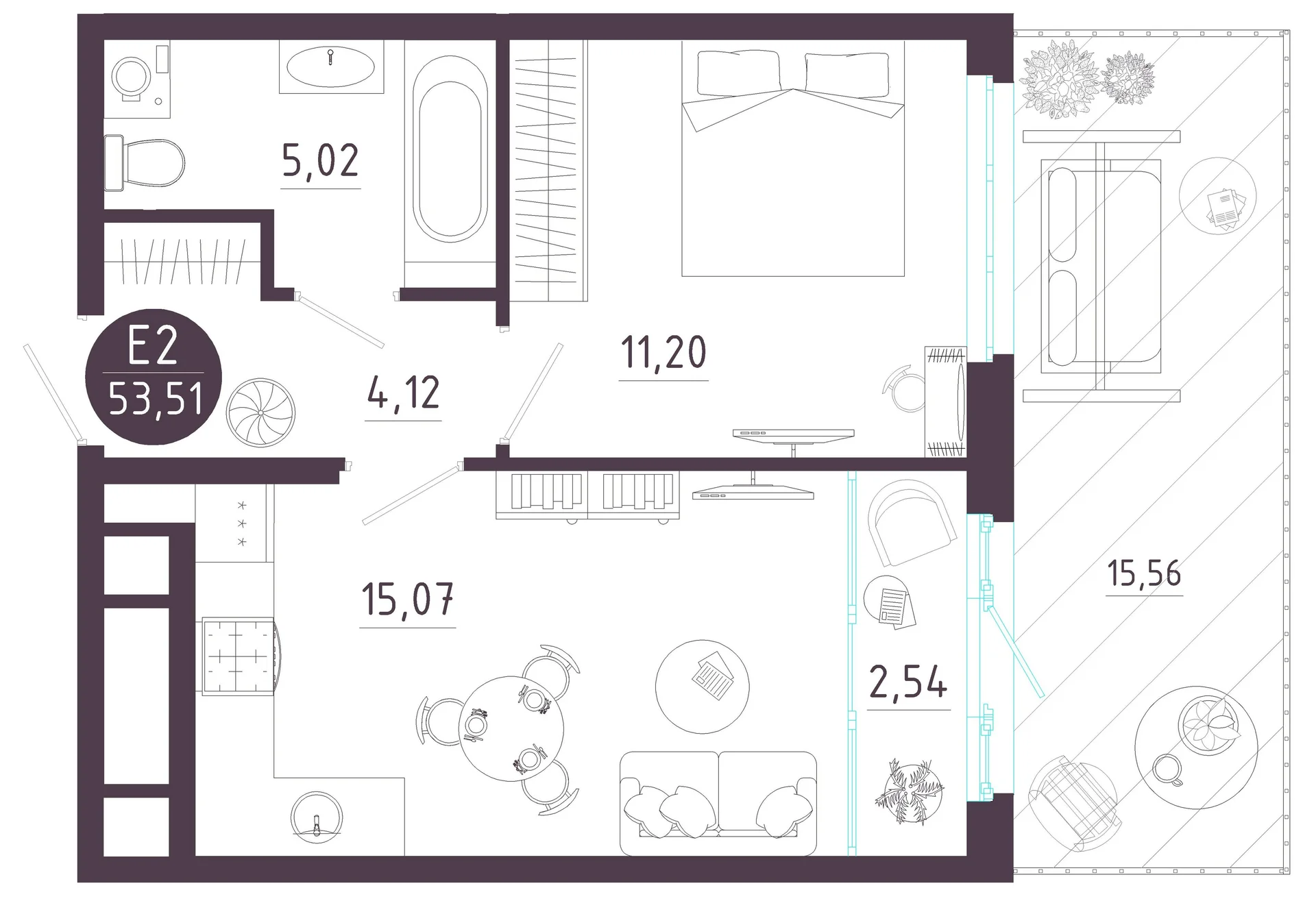 Планировка Квартира с одной спальней и гостиной 18 м² (Евро-2)