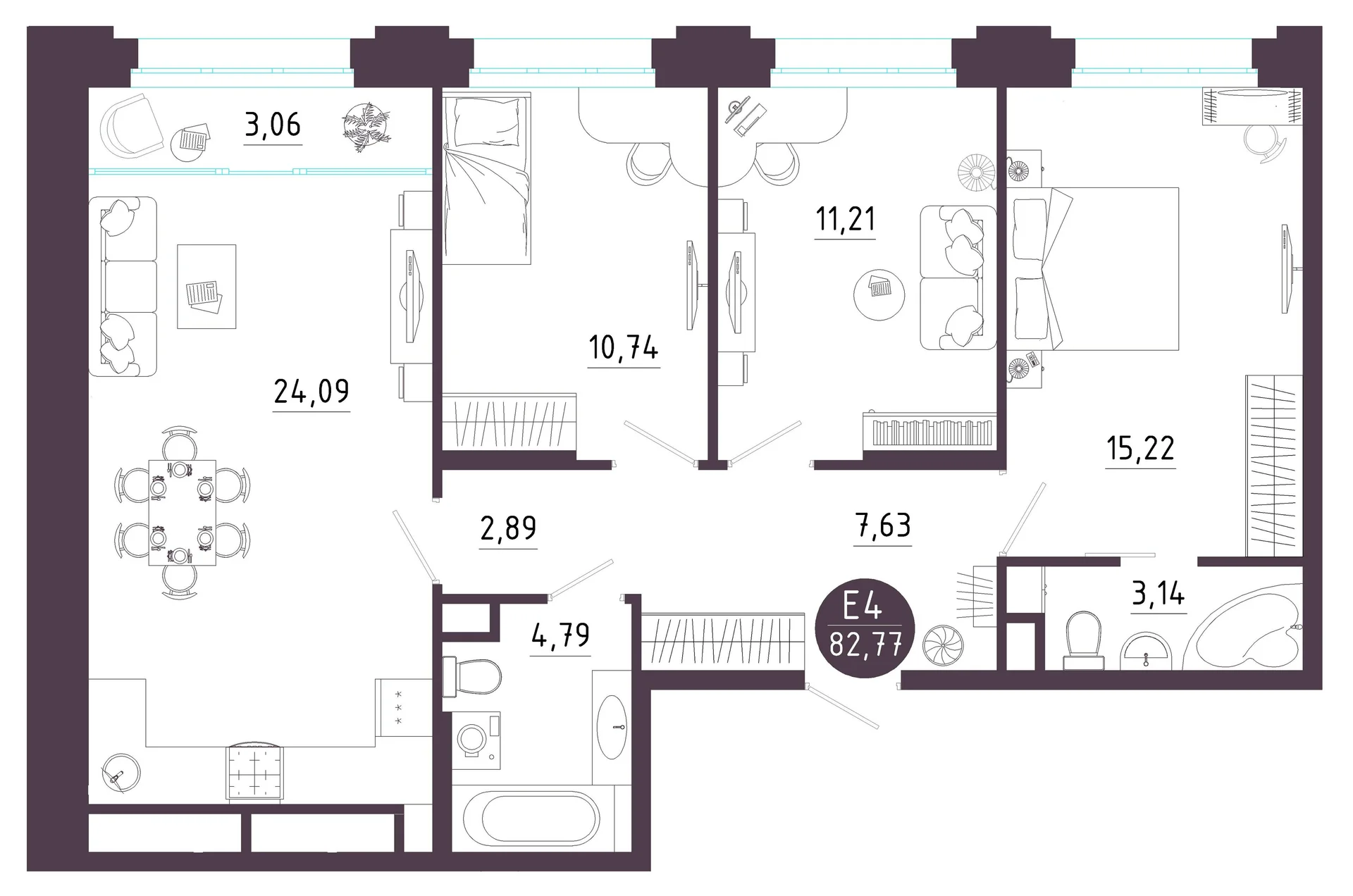 Планировка Квартира с тремя спальнями и гостиной 27 м² (Евро-4)