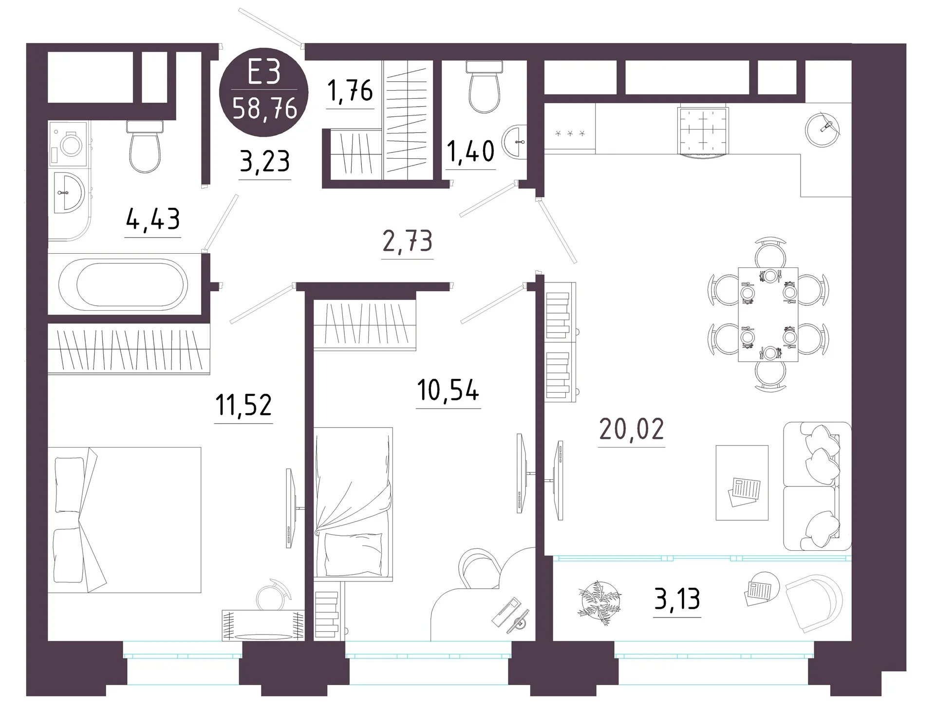 Планировка Квартира с двумя спальнями и гостиной 23 м² (Евро-3)