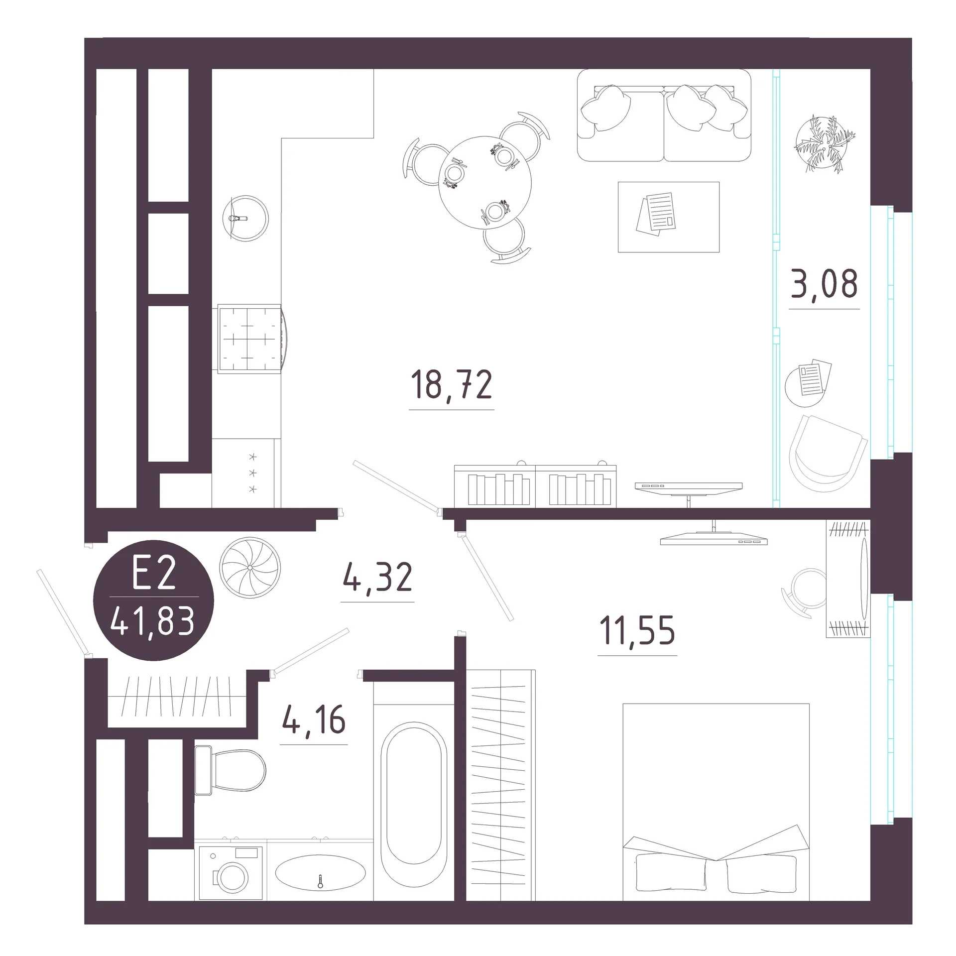Планировка Квартира с одной спальней и гостиной 22 м² (Евро-2)