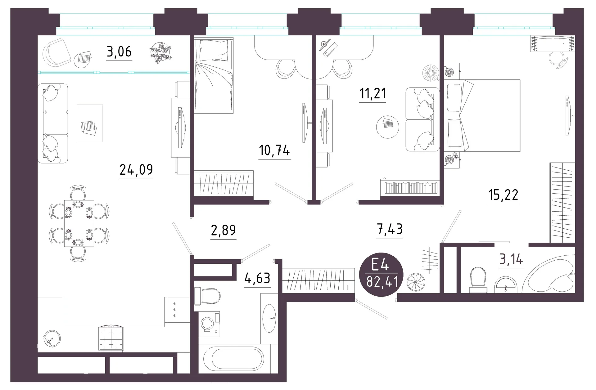 Планировка Квартира с тремя спальнями и гостиной 27 м² (Евро-4)